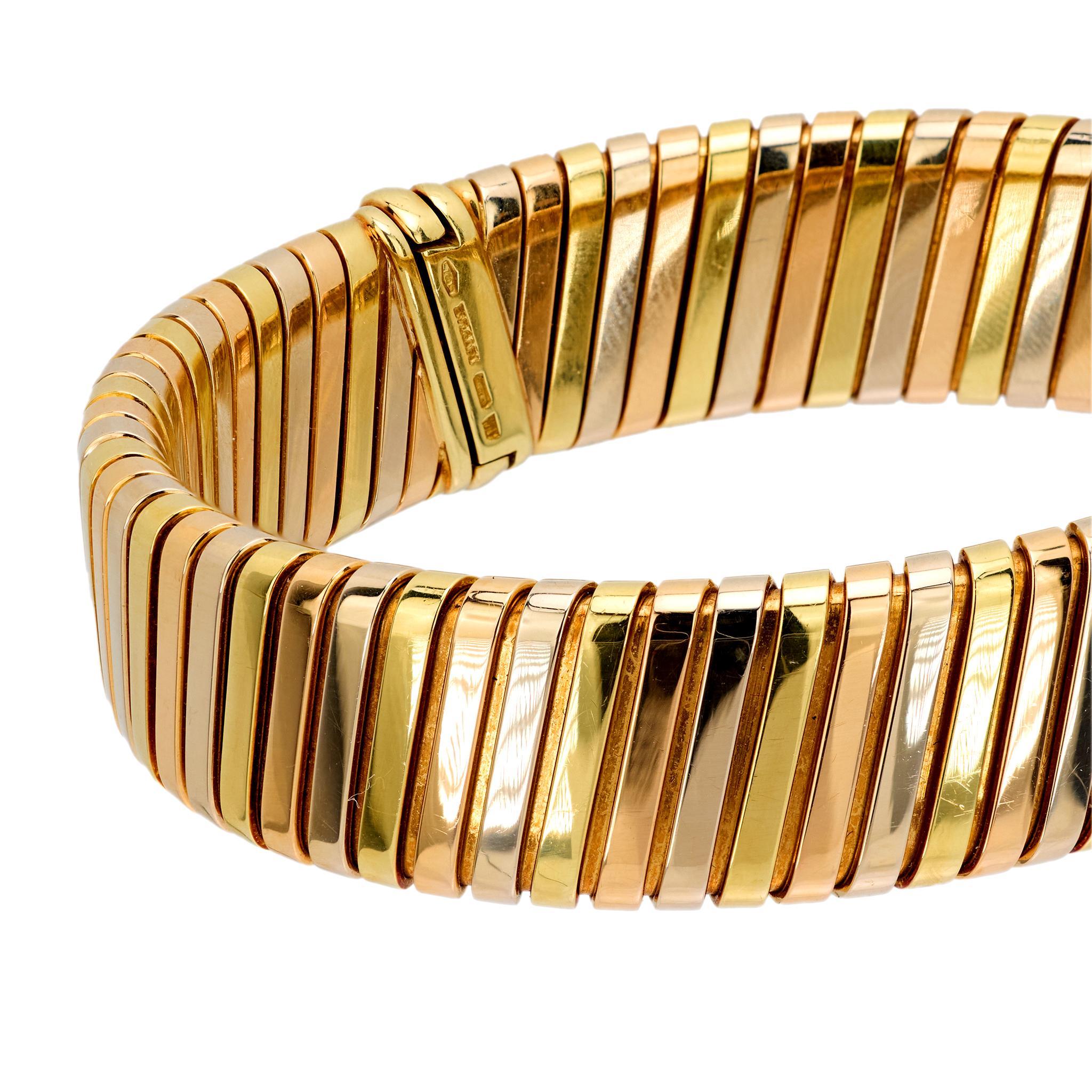 Modern Bvlgari Italian 18k tricolor gold Tubogas bracelet