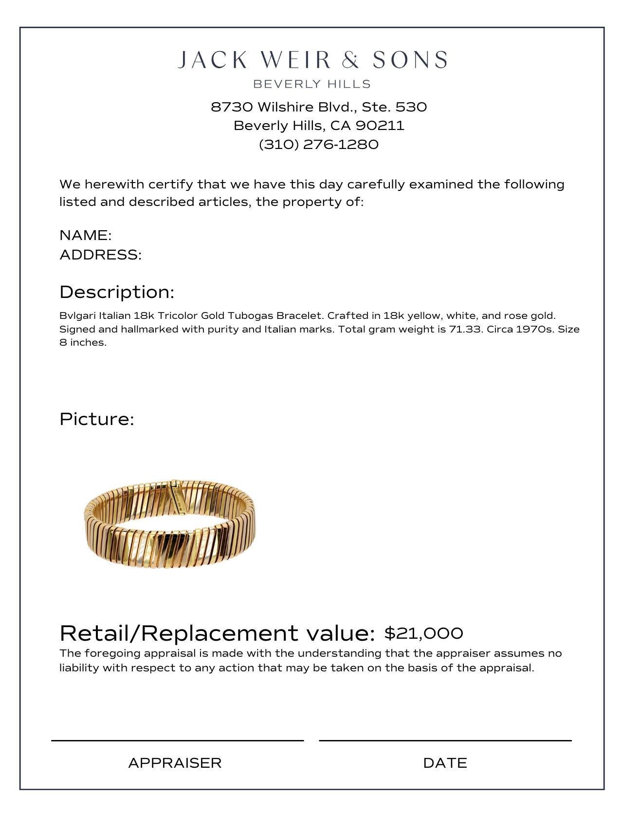Bvlgari Italian 18k tricolor gold Tubogas bracelet In Good Condition In Beverly Hills, CA