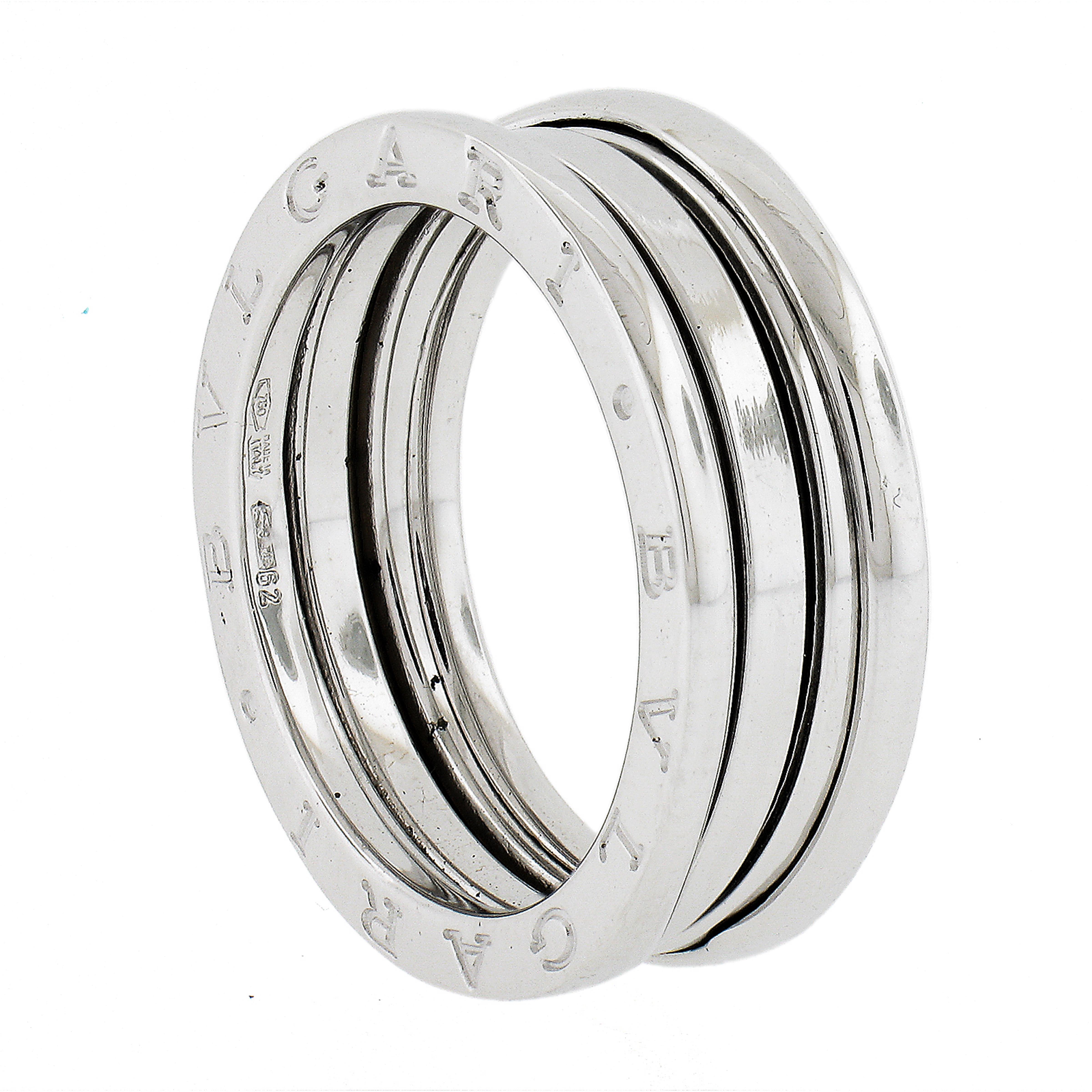 Bvlgari Italian 18k White Gold 7,6mm Large B. Zero Wedding 3 Band Ring Taille 62 en vente 5
