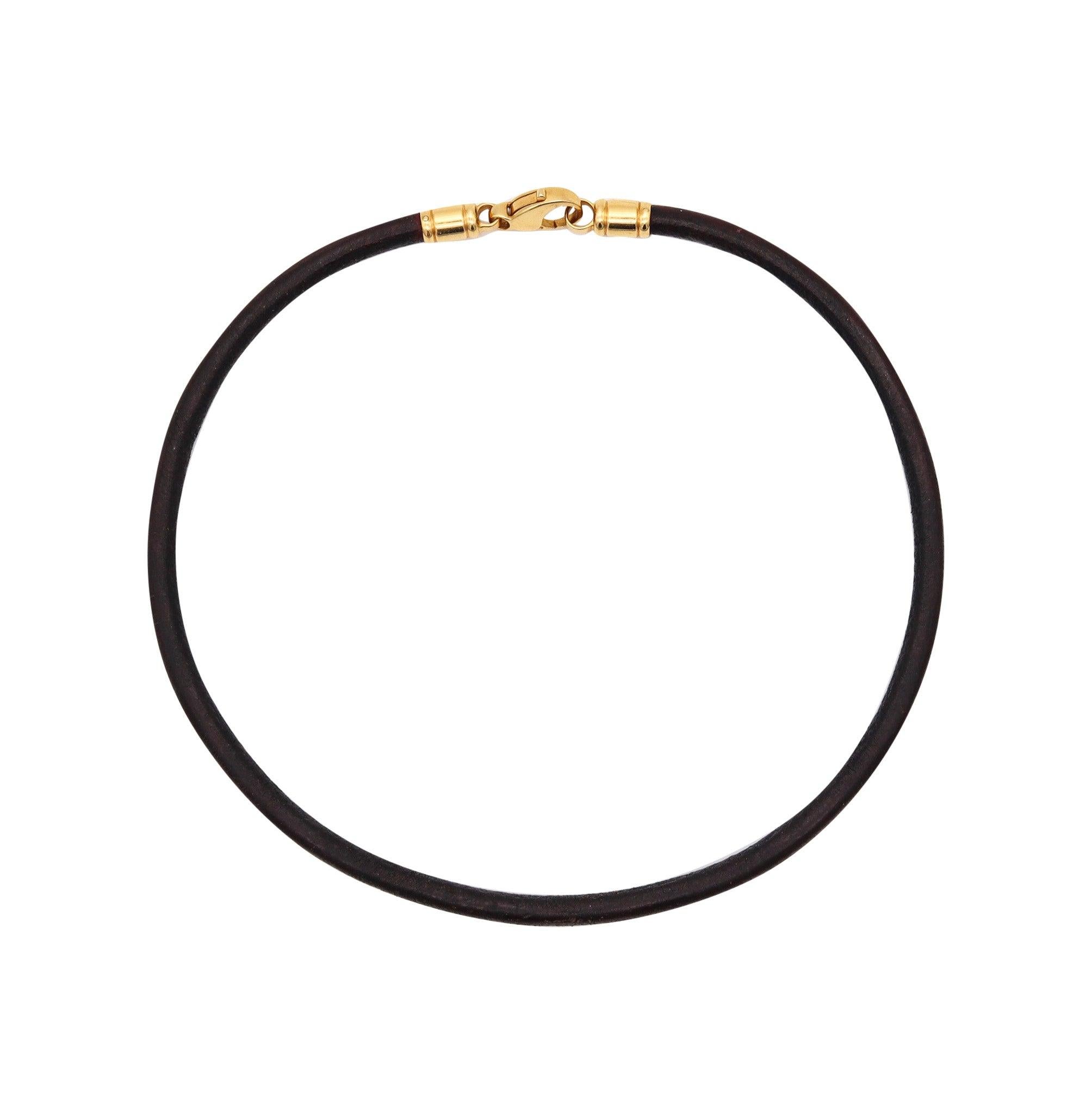 Modernist BVLGARI Italian Contemporary Necklace In Brown Leather And 18Kt Yellow Gold