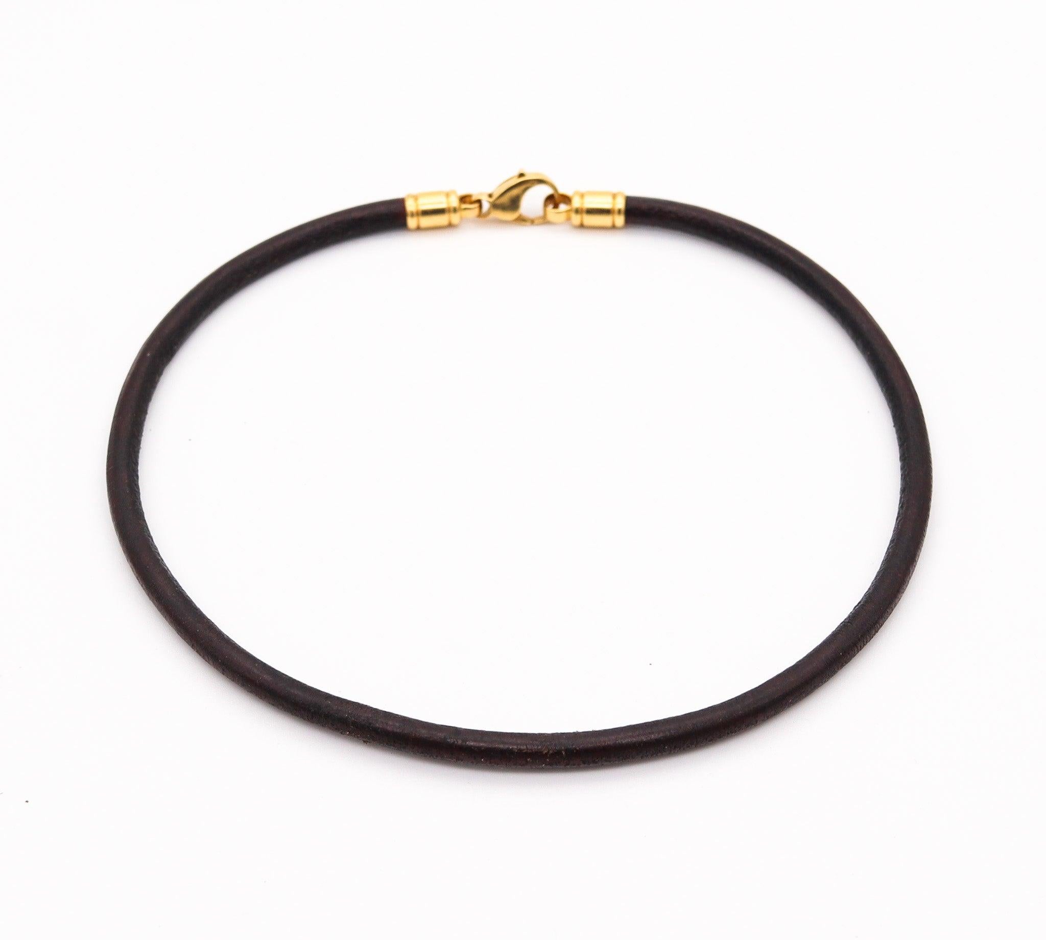 BVLGARI Italian Contemporary Necklace In Brown Leather And 18Kt Yellow Gold In Excellent Condition In Miami, FL