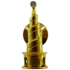 Bvlgari Italy 18 Karat Gold and Diamond Tower Motif Tie Tack or Charm Vintage