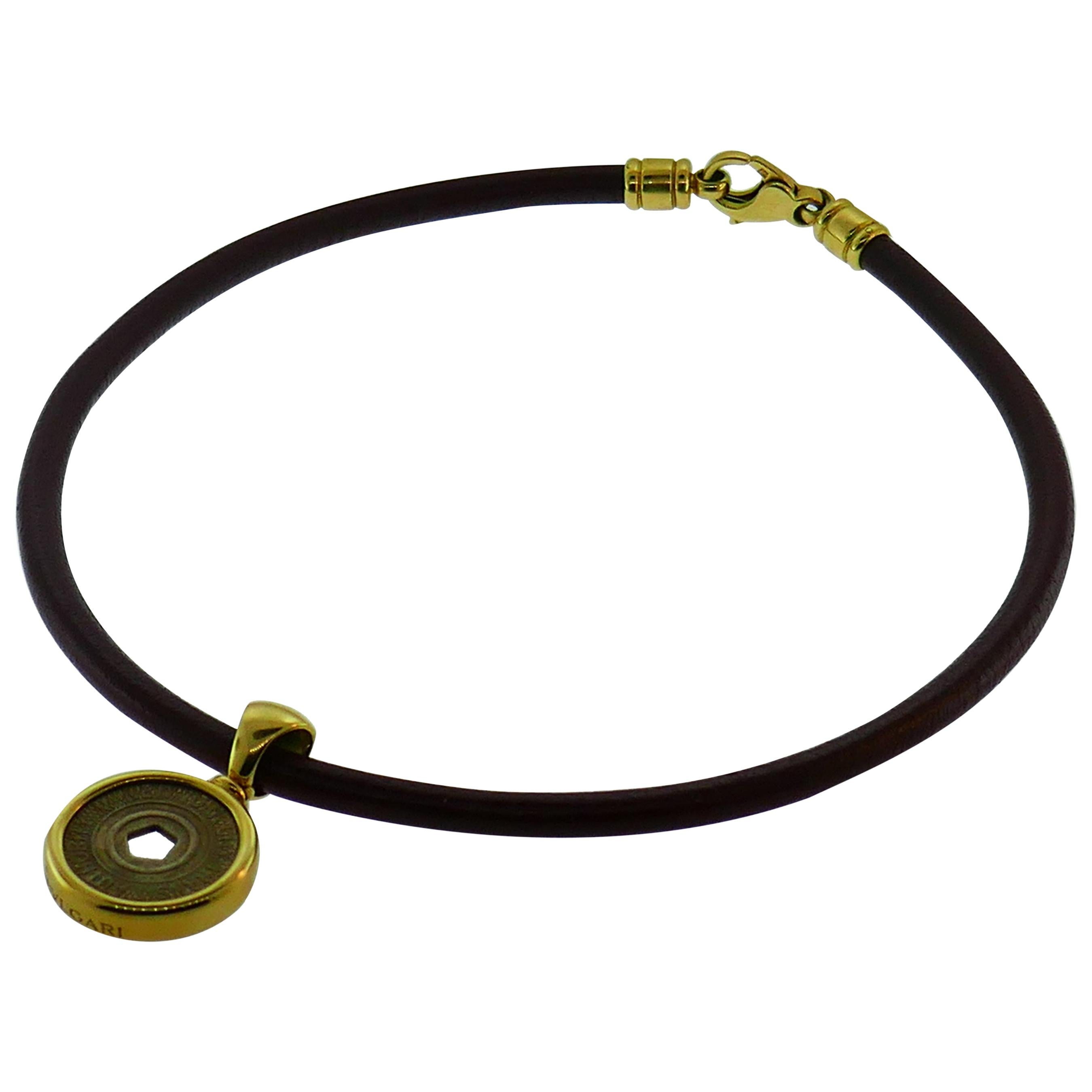 Bvlgari Italy 18 Karat Gold, Leather and New York Subway Token Necklace Rare