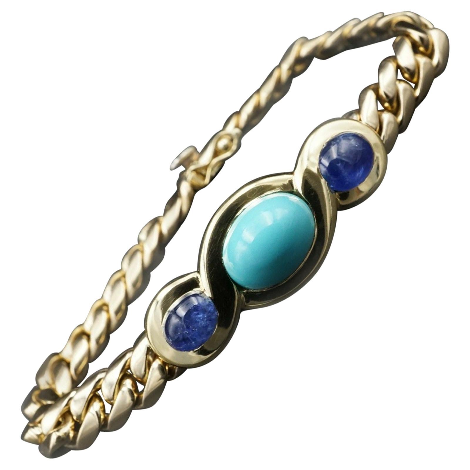Bvlgari Italy 18 Karat Gold, Sapphire and Turquoise Link Bracelet Vintage Rare