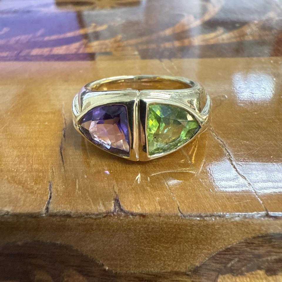 Losanga Anello Cocktail BVLGARI ITALIA in oro giallo 18k, ametista e peridoto 1970s Vintage