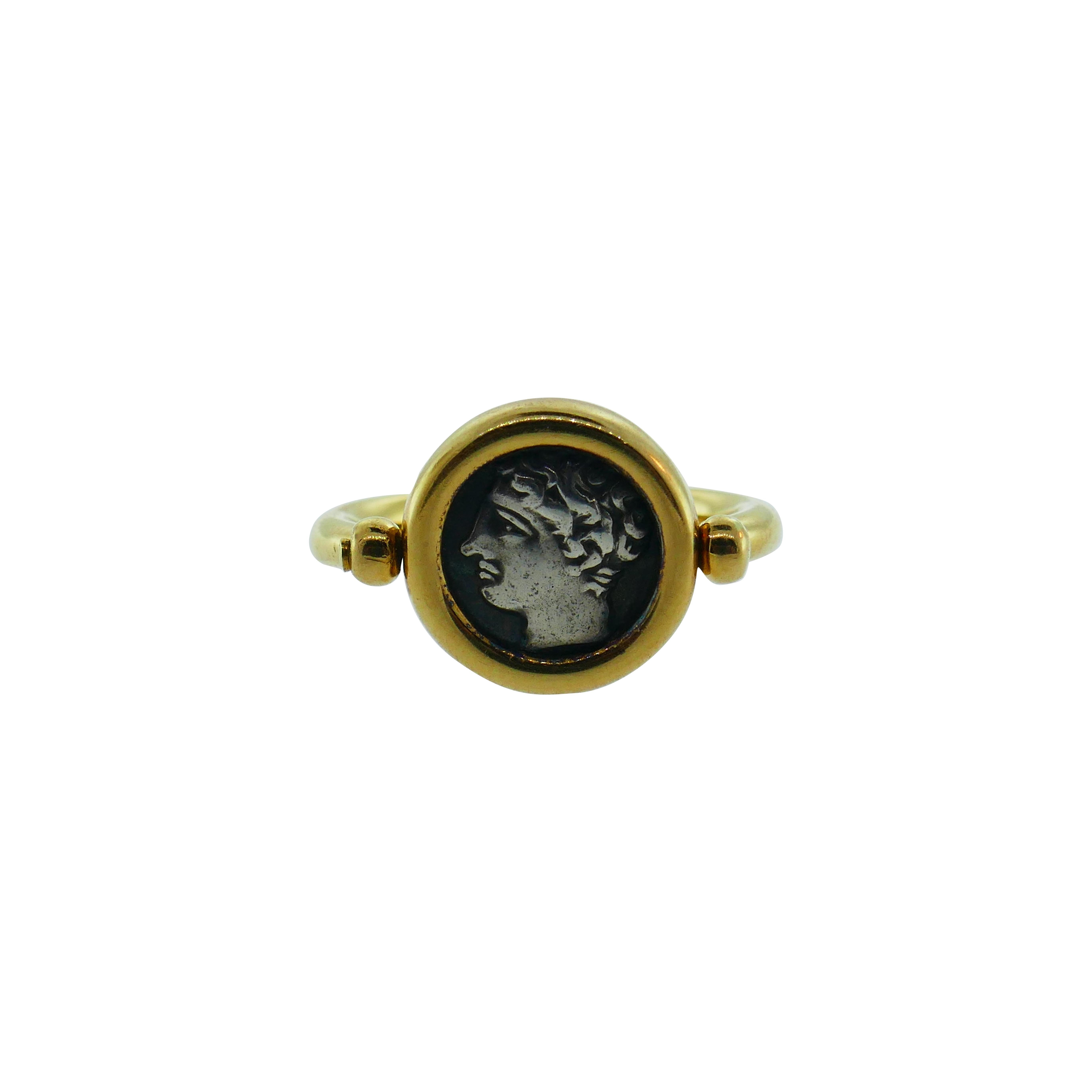 Bvlgari Italy 18k Yellow Gold & Ancient Coin Monete Flip Ring Vintage w/Box