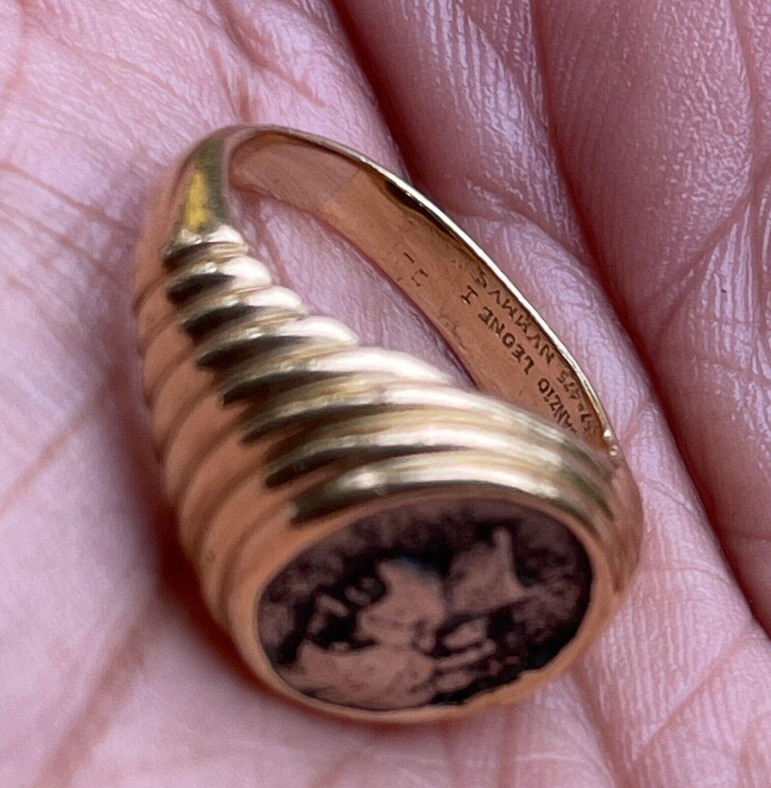 Bvlgari Italy 18k Yellow Gold & Ancient Roman Coin Monete Ring Circa 1960s

Here is your chance to purchase a beautiful and highly collectible designer ring.  

18k yellow gold

Size ring 7.5

Weight 16g 

Mark Bvlgari, BISANZIO LEONE I 457-475