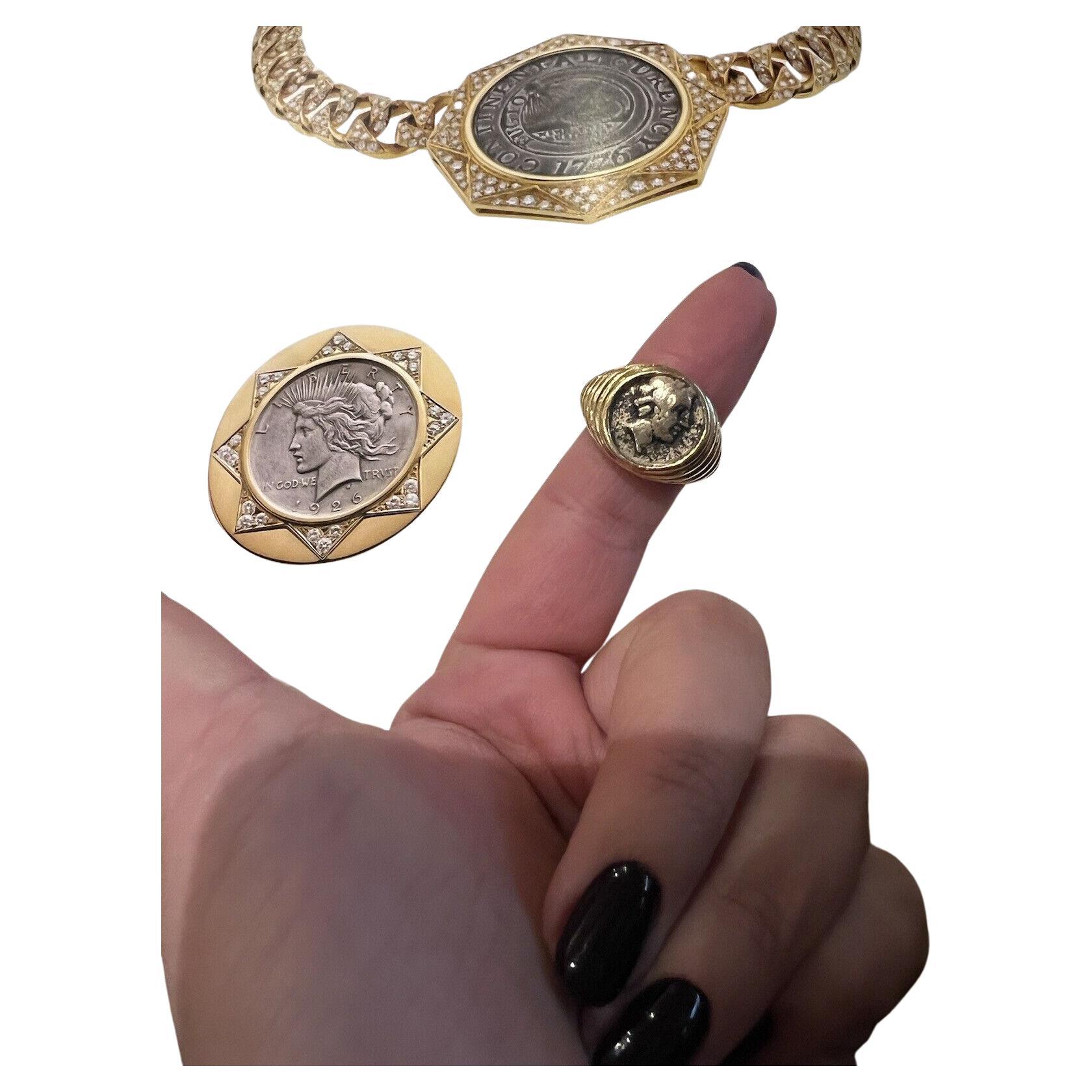 BVLGARI ITALY 18k Yellow Gold & Ancient Roman Coin Monete Ring Circa 1960s