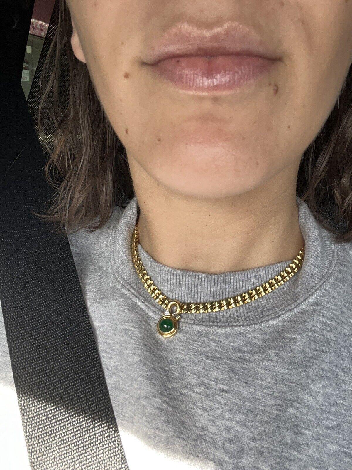 BVLGARI ITALY 18k Yellow Gold, Baguette Diamond & Cabochon Emerald Link Necklace In Excellent Condition For Sale In Beverly Hills, CA