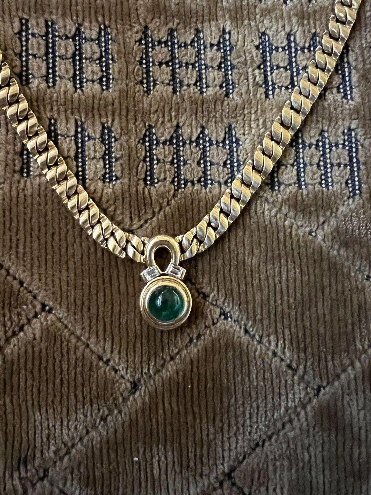 Women's or Men's BVLGARI ITALY 18k Yellow Gold, Baguette Diamond & Cabochon Emerald Link Necklace For Sale