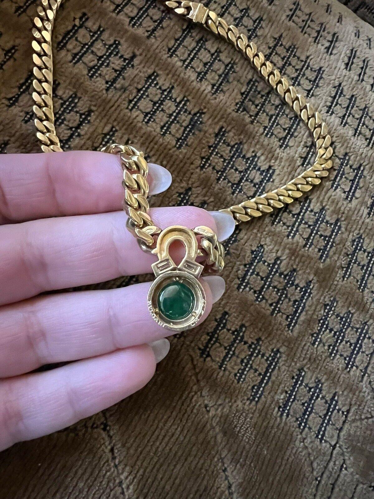 BVLGARI ITALY 18k Yellow Gold, Baguette Diamond & Cabochon Emerald Link Necklace For Sale 1