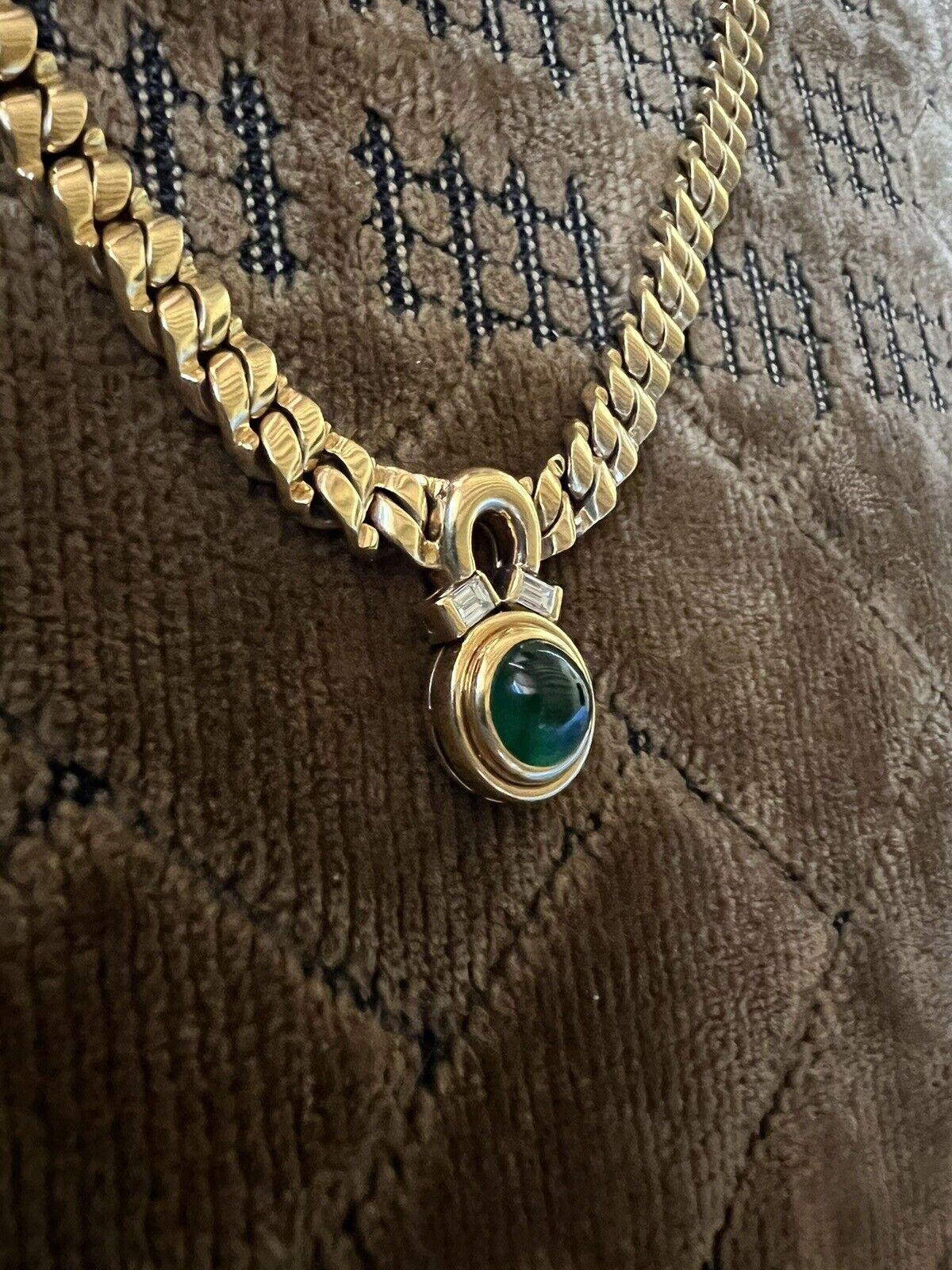 BVLGARI ITALY 18k Yellow Gold, Baguette Diamond & Cabochon Emerald Link Necklace For Sale 3