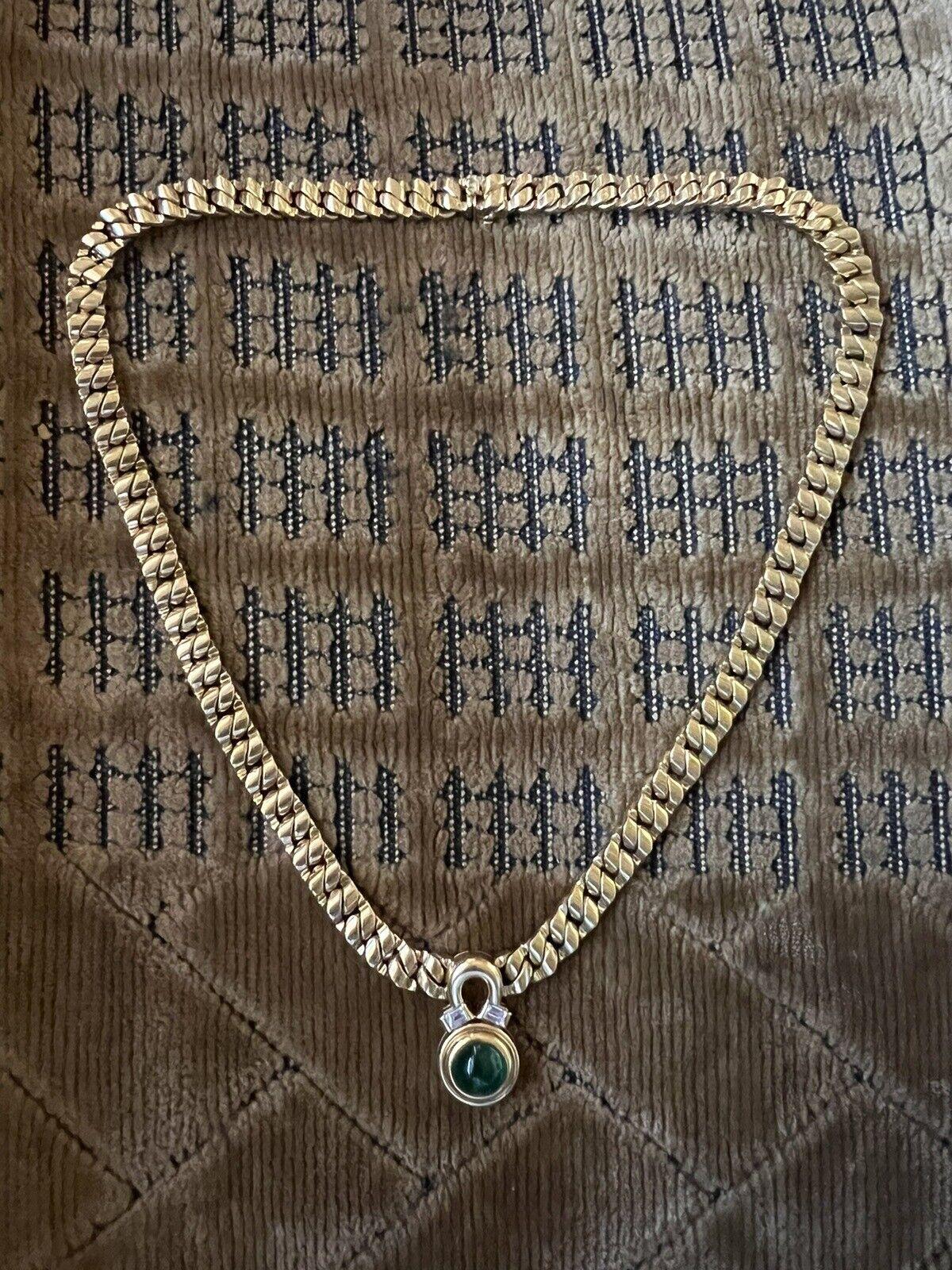 BVLGARI ITALY 18k Yellow Gold, Baguette Diamond & Cabochon Emerald Link Necklace For Sale 4