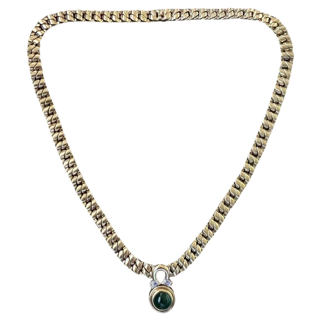 BVLGARI ITALY 18k Yellow Gold, Baguette Diamond & Cabochon Emerald Link Necklace For Sale