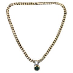 Retro BVLGARI ITALY 18k Yellow Gold, Baguette Diamond & Cabochon Emerald Link Necklace