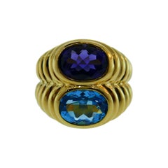 Vintage Bvlgari Italy 18k Yellow Gold, Blue Topaz and Iolite Ring circa 1980s with Pouch