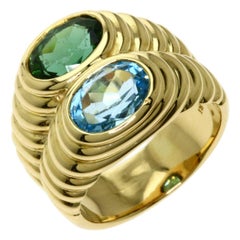 Bvlgari Italy 18k Yellow Gold, Blue Topaz & Green Tourmaline Doppio Ring Vintage