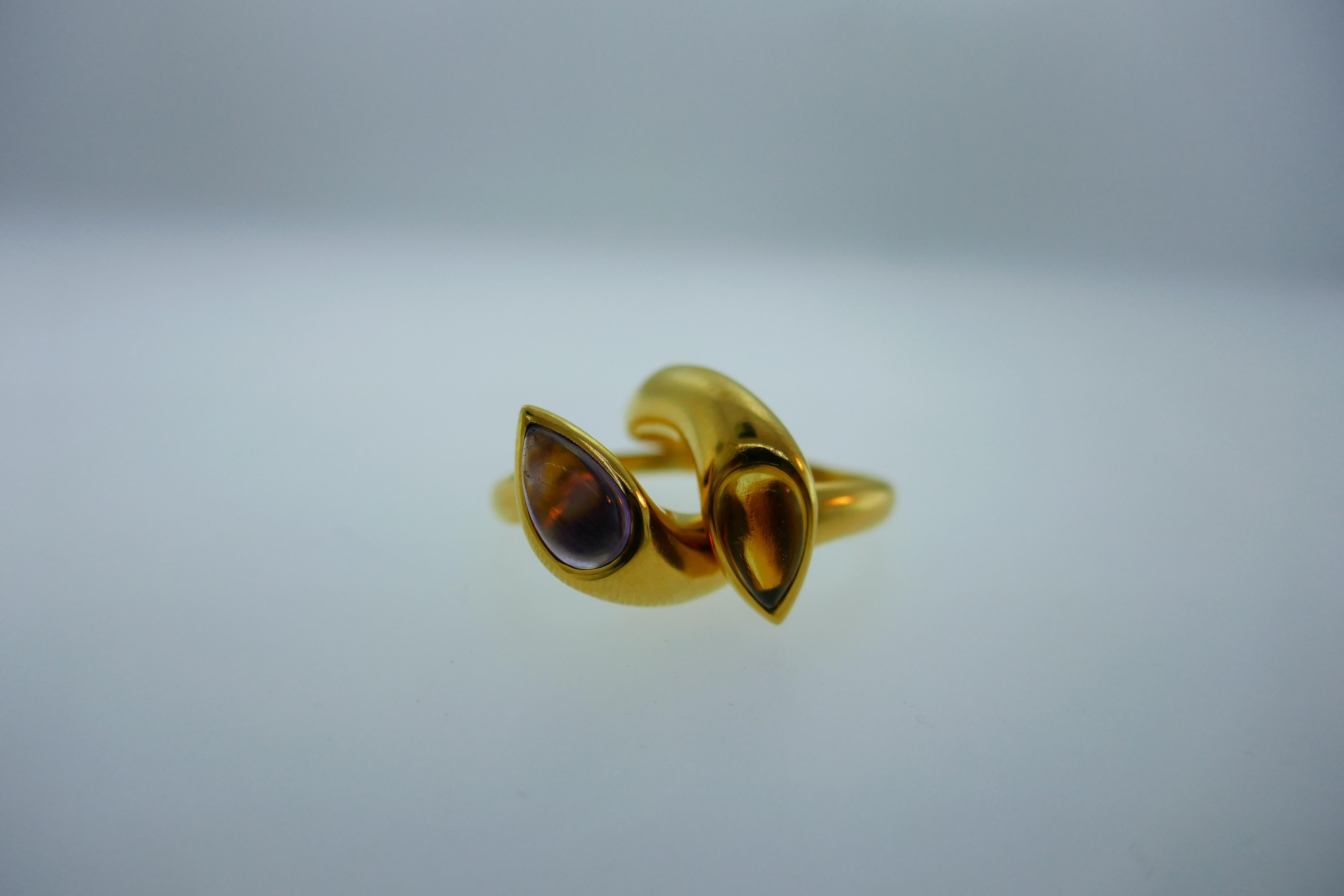 Bvlgari Italy 18k Yellow Gold, Cabochon Citrine & Amethyst Double Snake Ring 2