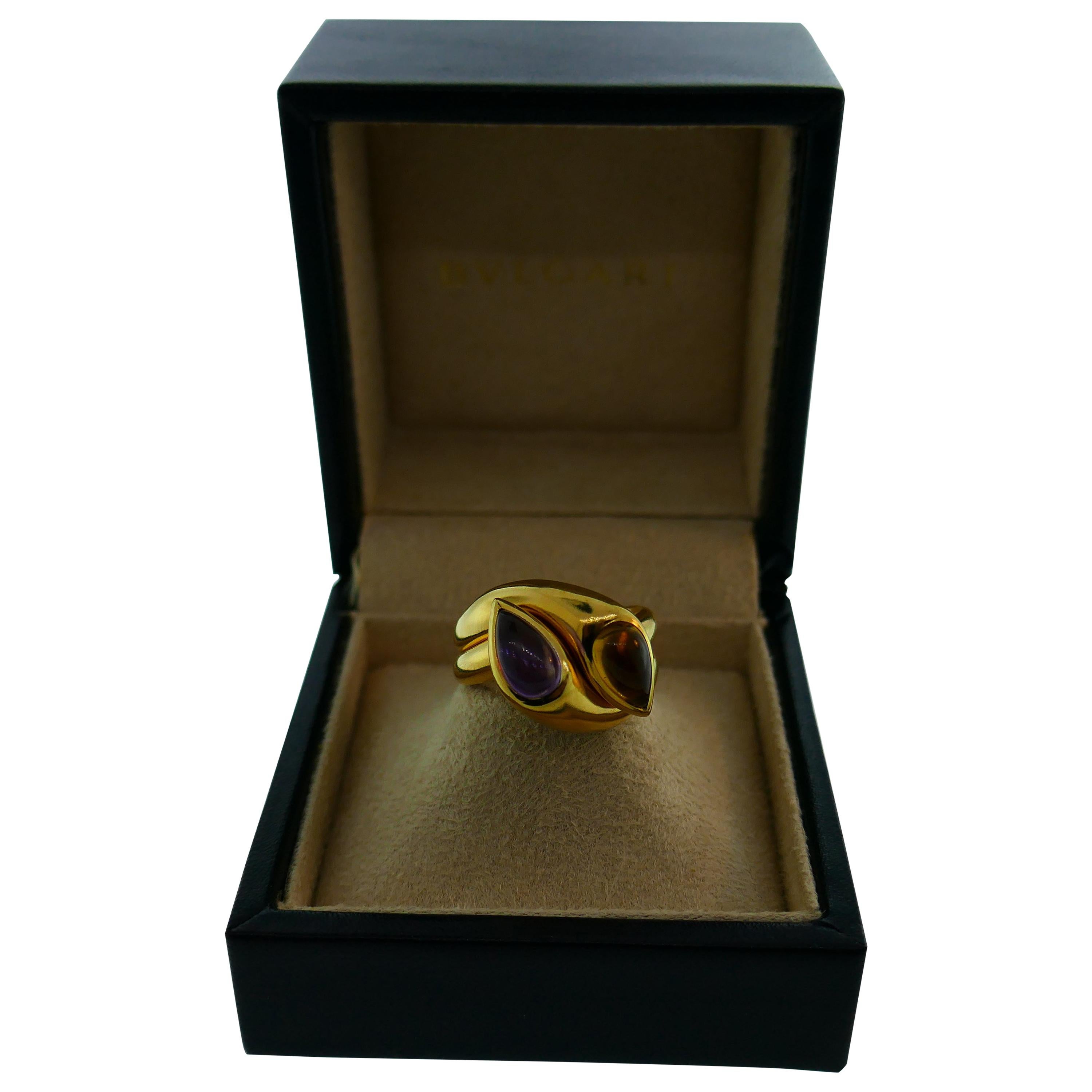 Bvlgari Italy 18k Yellow Gold, Cabochon Citrine & Amethyst Double Snake Ring