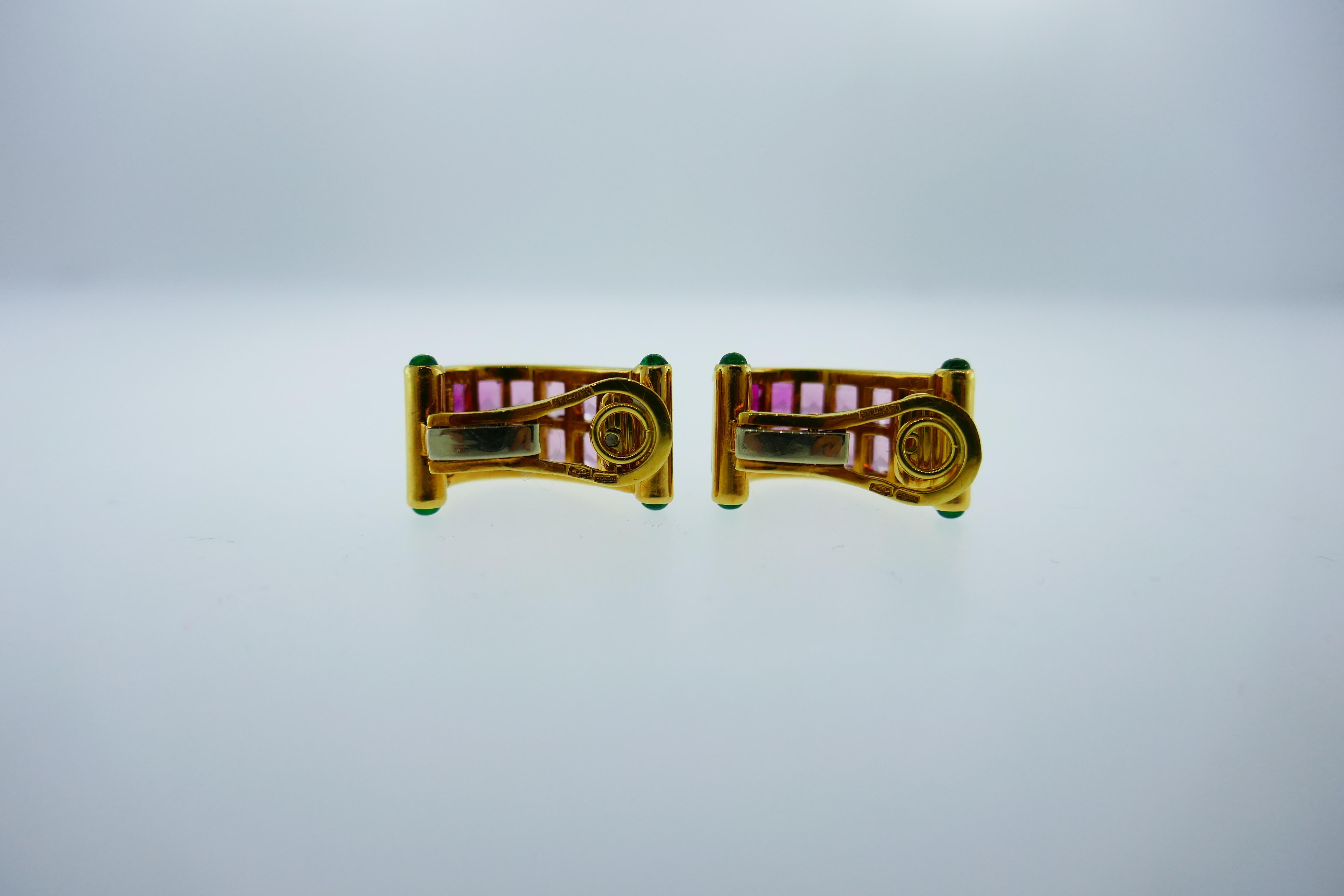 Bvlgari Italy 18k Yellow Gold, Cabochon Emerald & Pink Tourmaline Earrings 1970s In Excellent Condition In Beverly Hills, CA