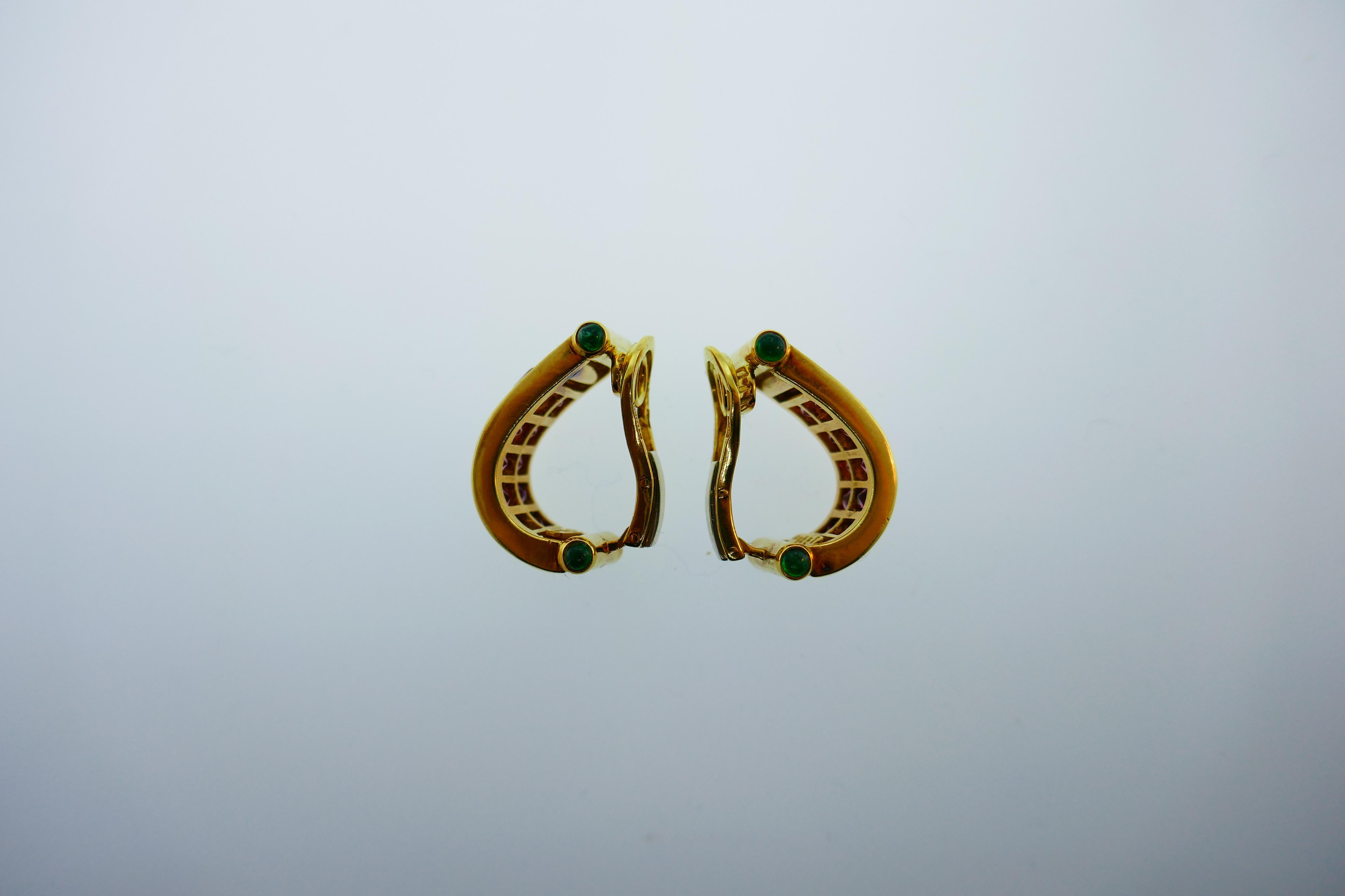 Bvlgari Italy 18k Yellow Gold, Cabochon Emerald & Pink Tourmaline Earrings 1970s 1