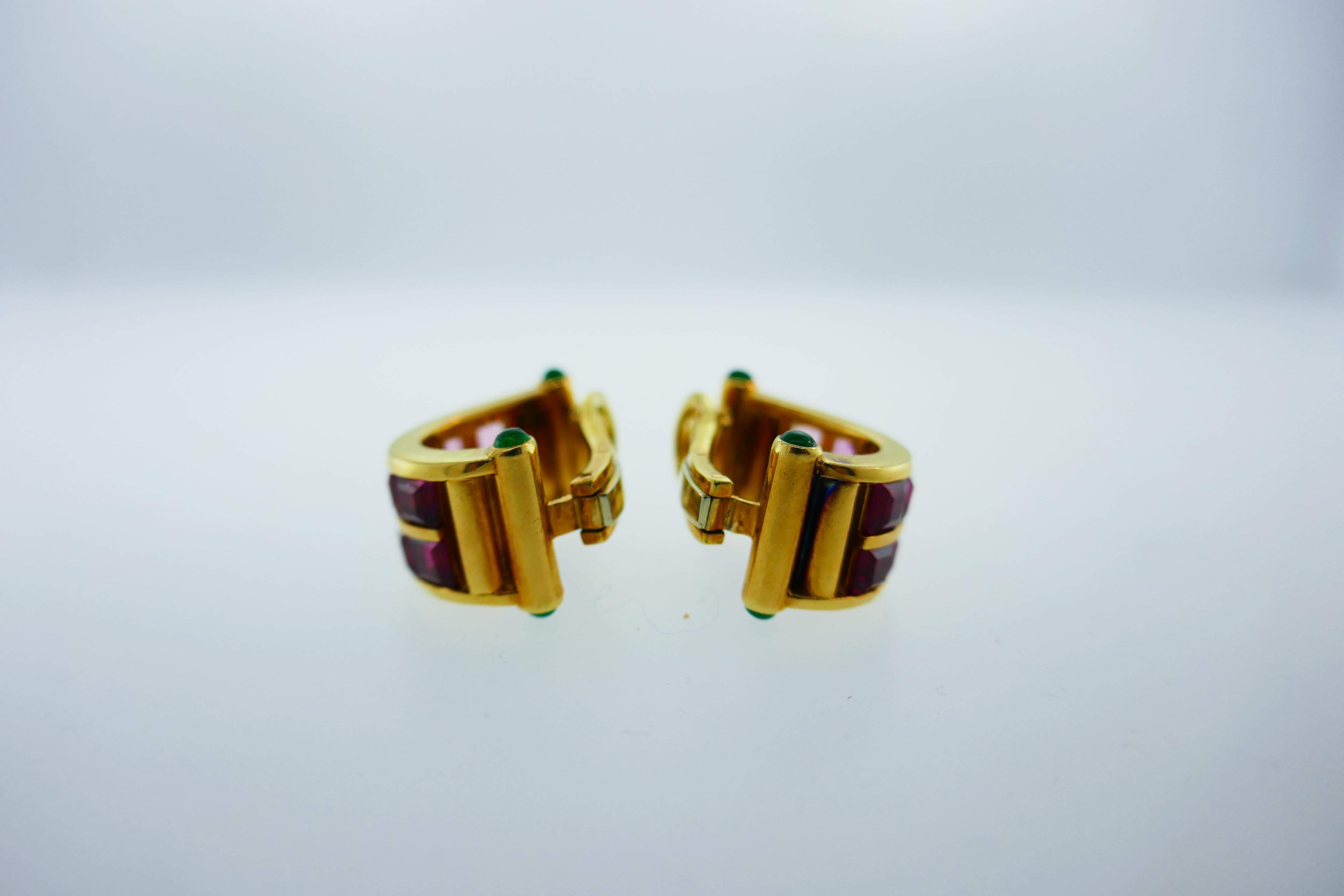 Bvlgari Italy 18k Yellow Gold, Cabochon Emerald & Pink Tourmaline Earrings 1970s 2