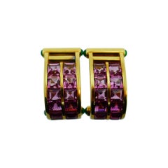 Bvlgari Italy 18k Yellow Gold, Cabochon Emerald & Pink Tourmaline Earrings 1970s