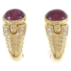 Bvlgari Italy 18k Yellow Gold, Cabochon Ruby & Diamond Earrings Vintage