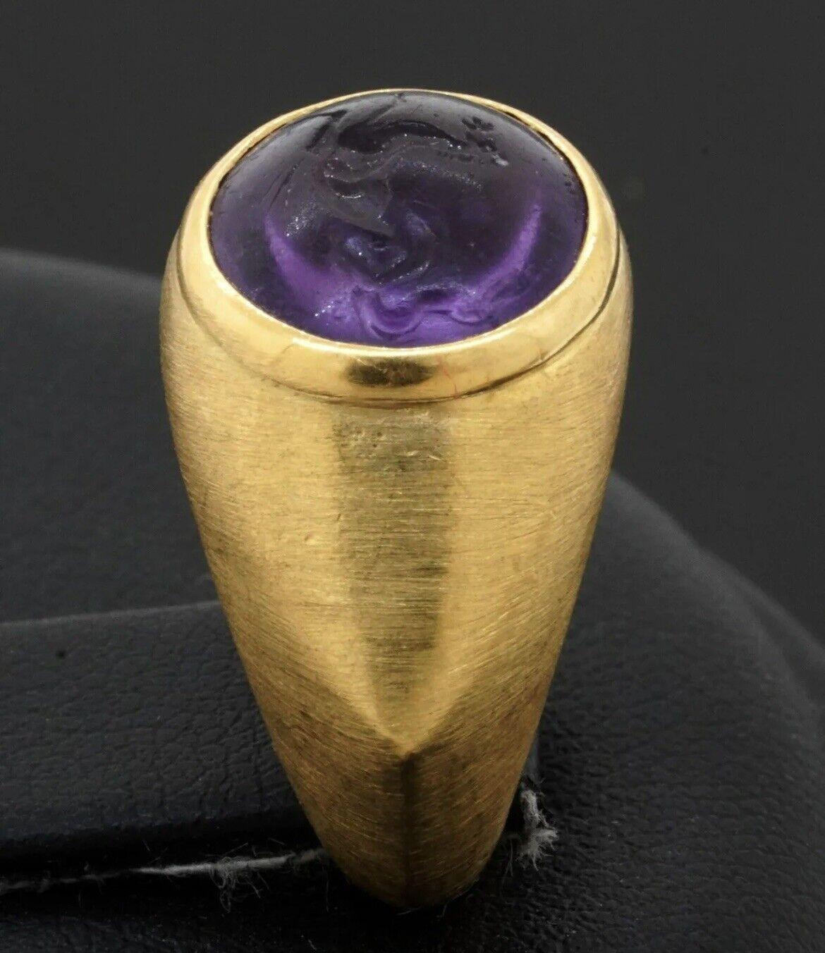 Bvlgari Italy 18k Yellow Gold & Carved Amethyst Intaglio Horse Ring Vintage Rare 2