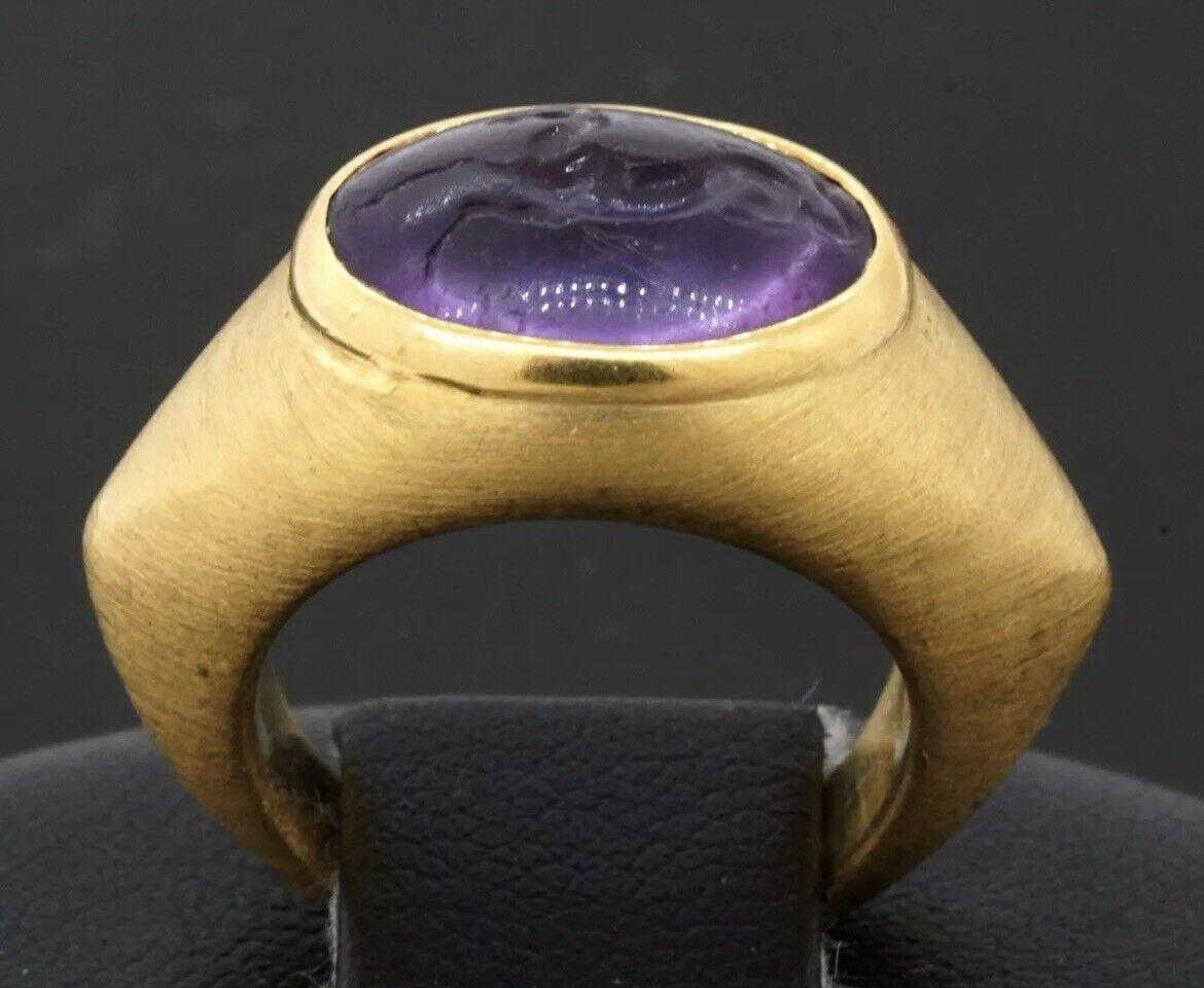 Bvlgari Italy 18k Yellow Gold & Carved Amethyst Intaglio Horse Ring Vintage Rare 3