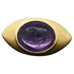 Bvlgari Italy 18k Yellow Gold & Carved Amethyst Intaglio Horse Ring Vintage Rare