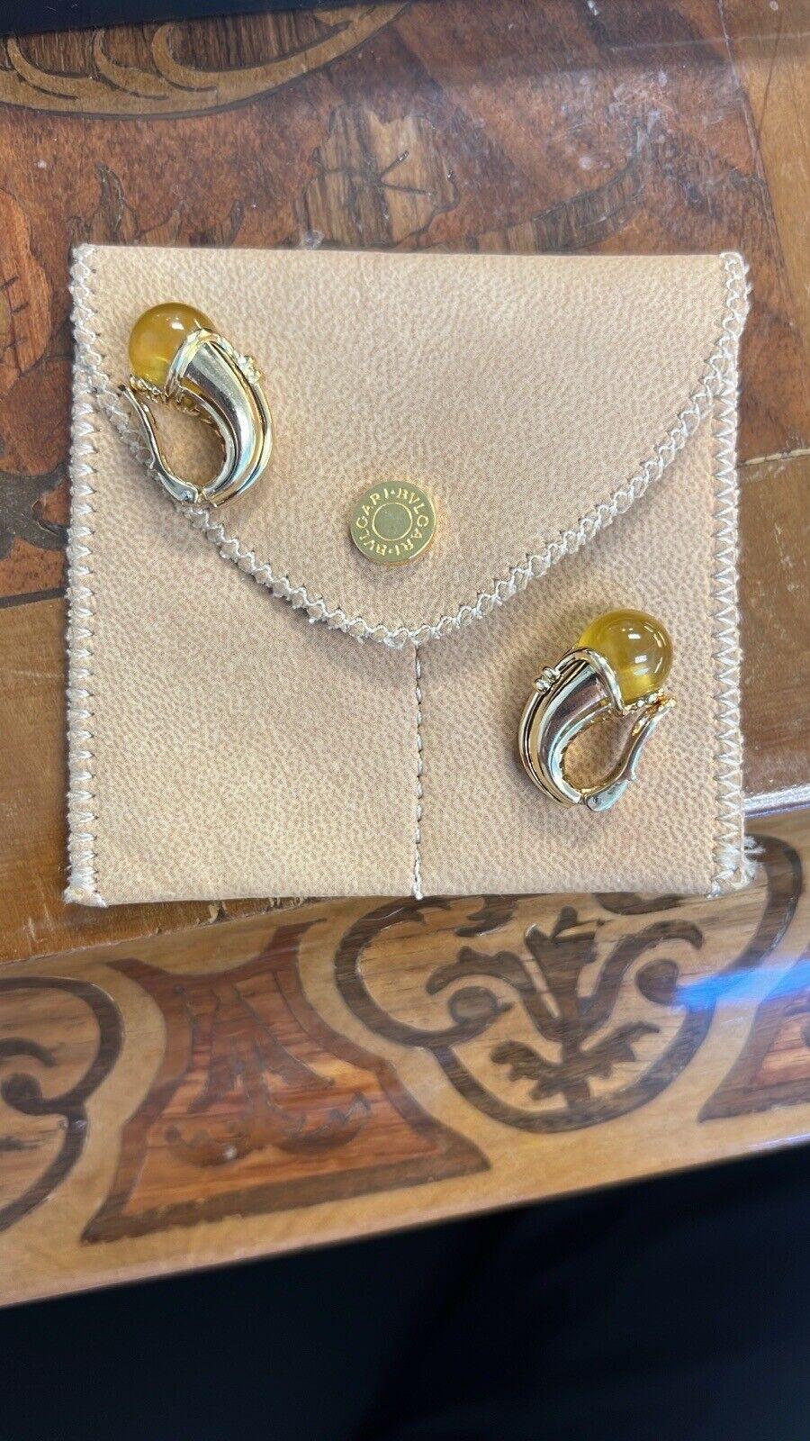 BVLGARI ITALY 18k Yellow Gold & Citrine Clip On Earrings Circa 1980s w/ Pouch In Excellent Condition In Beverly Hills, CA