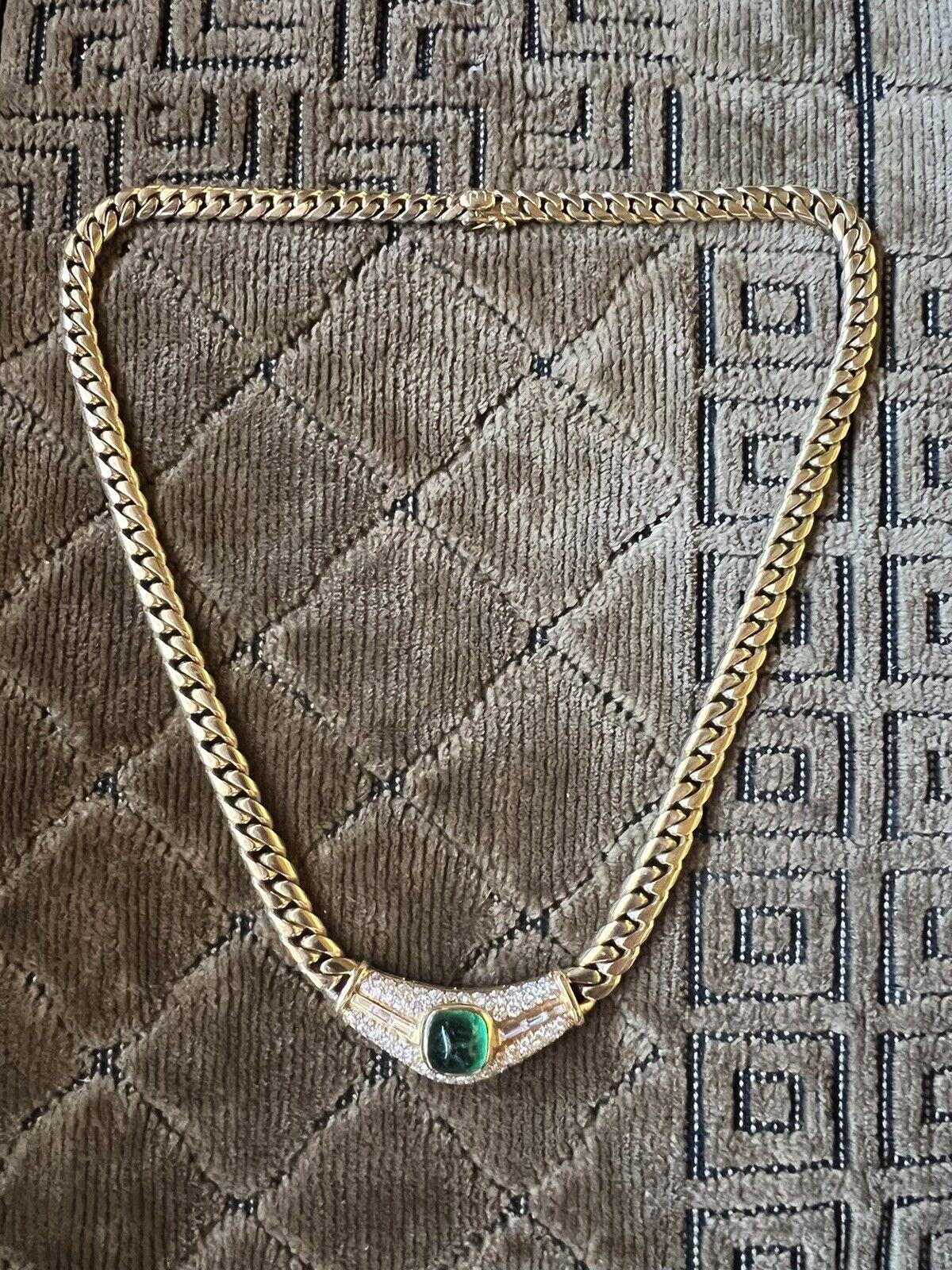 Bvlgari Italy 18k Yellow Gold, Diamond & 4.35 Carat Sugarloaf Emerald Necklace 7