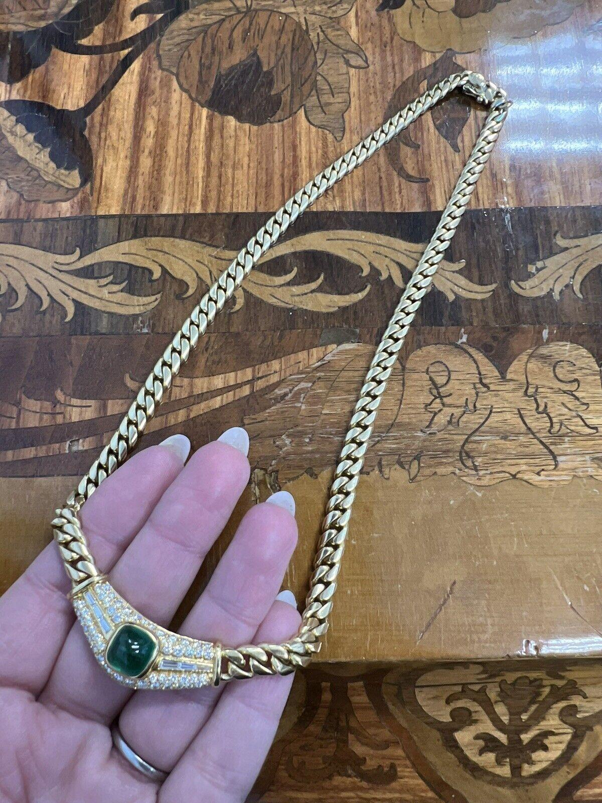 Bvlgari Italy 18k Yellow Gold, Diamond & 4.35 Carat Sugarloaf Emerald Necklace Circa 1980s Vintage

Here is your chance to purchase a beautiful and highly collectible designer necklace.      

The length is 16 inches across.  The necklace is marked