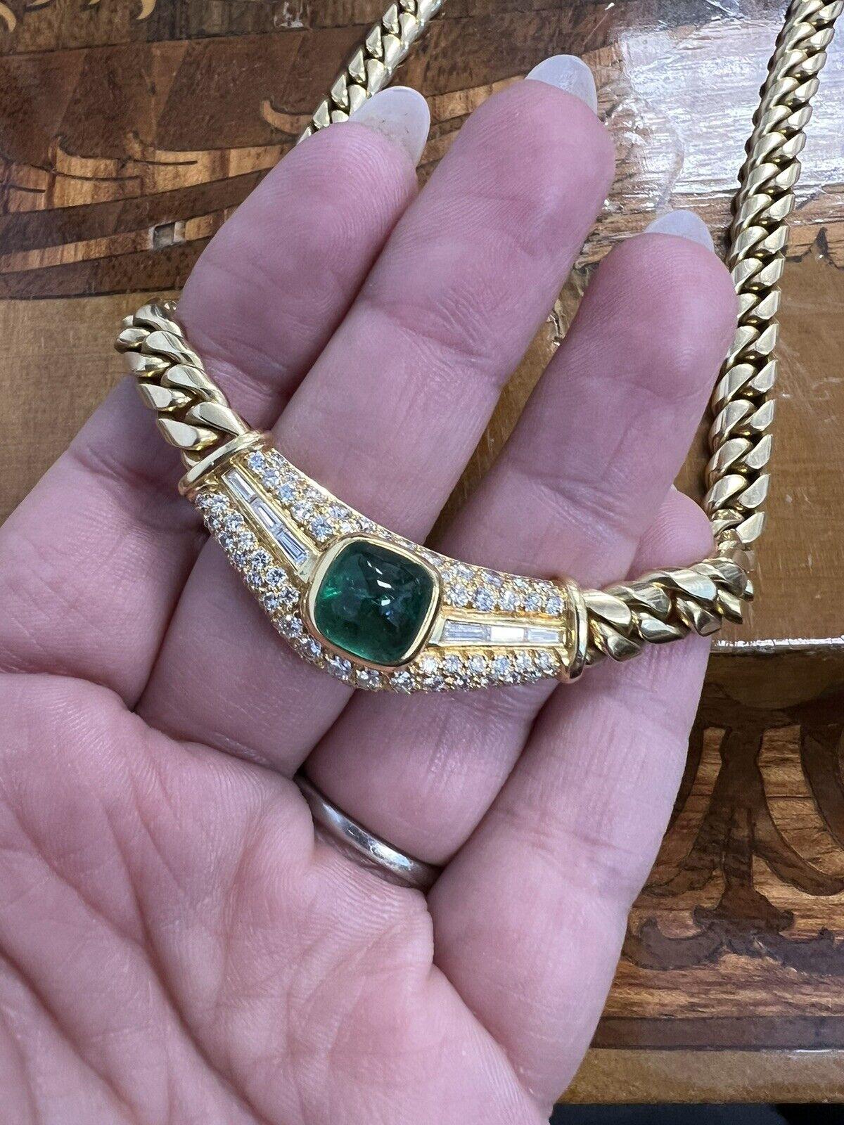 Bvlgari Italy 18k Yellow Gold, Diamond & 4.35 Carat Sugarloaf Emerald Necklace In Excellent Condition In Beverly Hills, CA