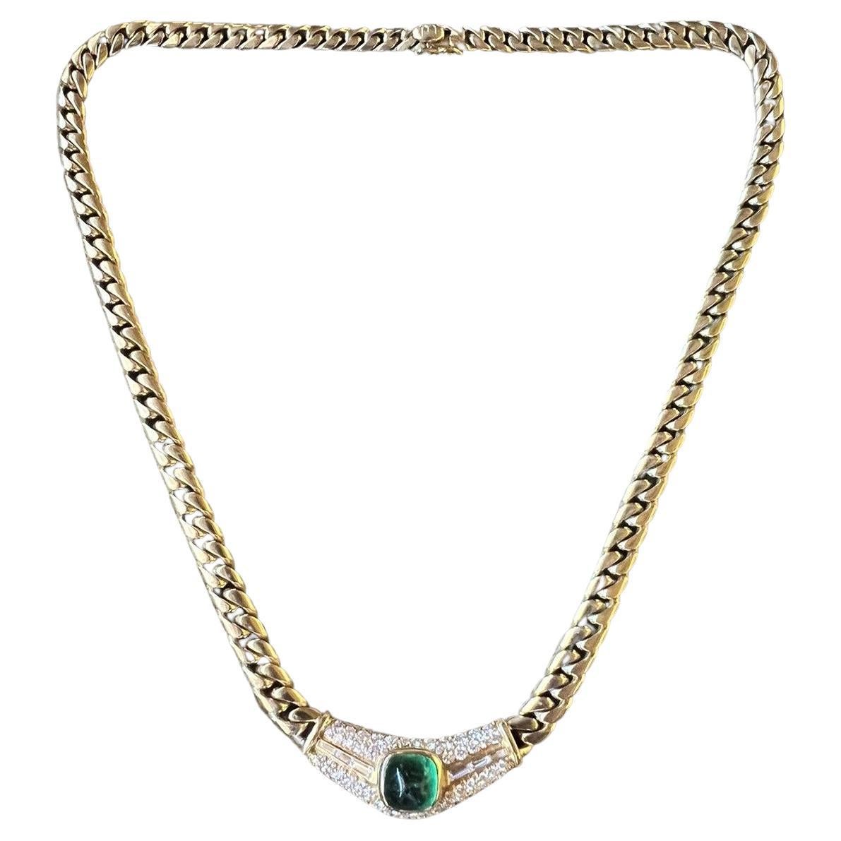 Bvlgari Italy 18k Yellow Gold, Diamond & 4.35 Carat Sugarloaf Emerald Necklace