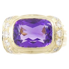 BVLGARI ITALY 18k Yellow Gold, Diamond & Amethyst Cocktail Ring Circa 1980s