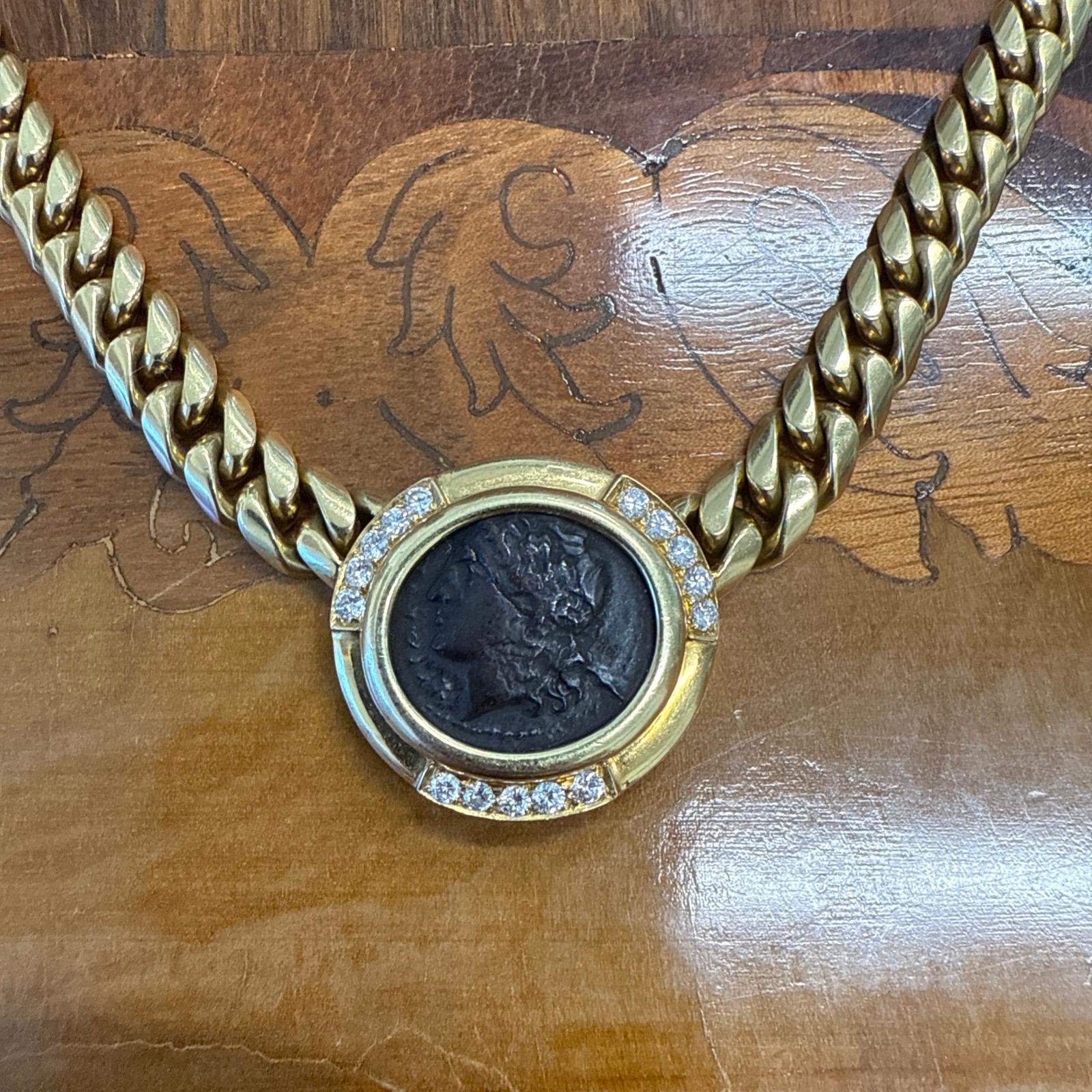 Round Cut BVLGARI ITALY 18k Yellow Gold, Diamond & Ancient Roman Monete Coin Necklace 1980 For Sale