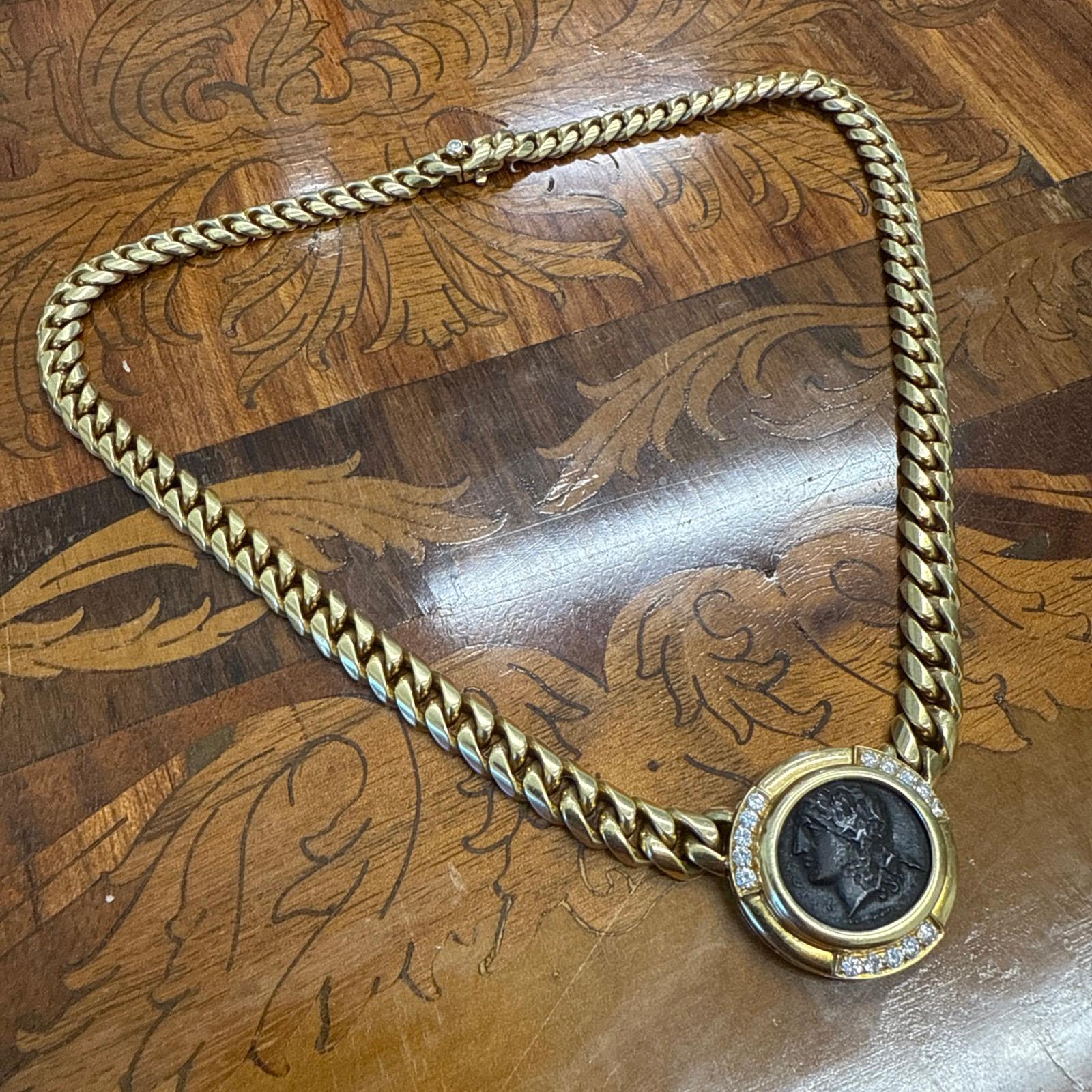 Women's or Men's BVLGARI ITALY 18k Yellow Gold, Diamond & Ancient Roman Monete Coin Necklace 1980 For Sale