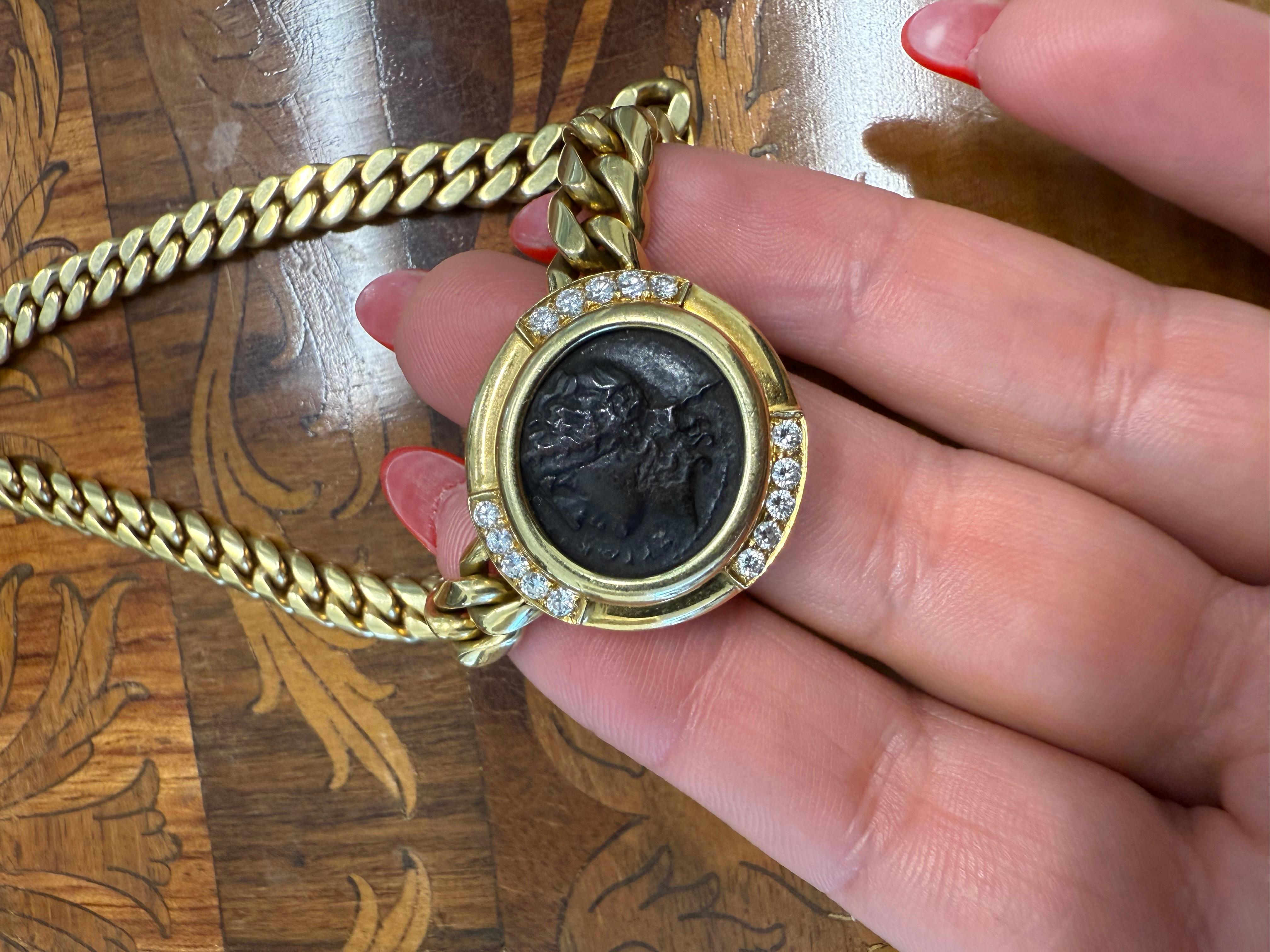 BVLGARI ITALY 18k Yellow Gold, Diamond & Ancient Roman Monete Coin Necklace 1980 For Sale 3