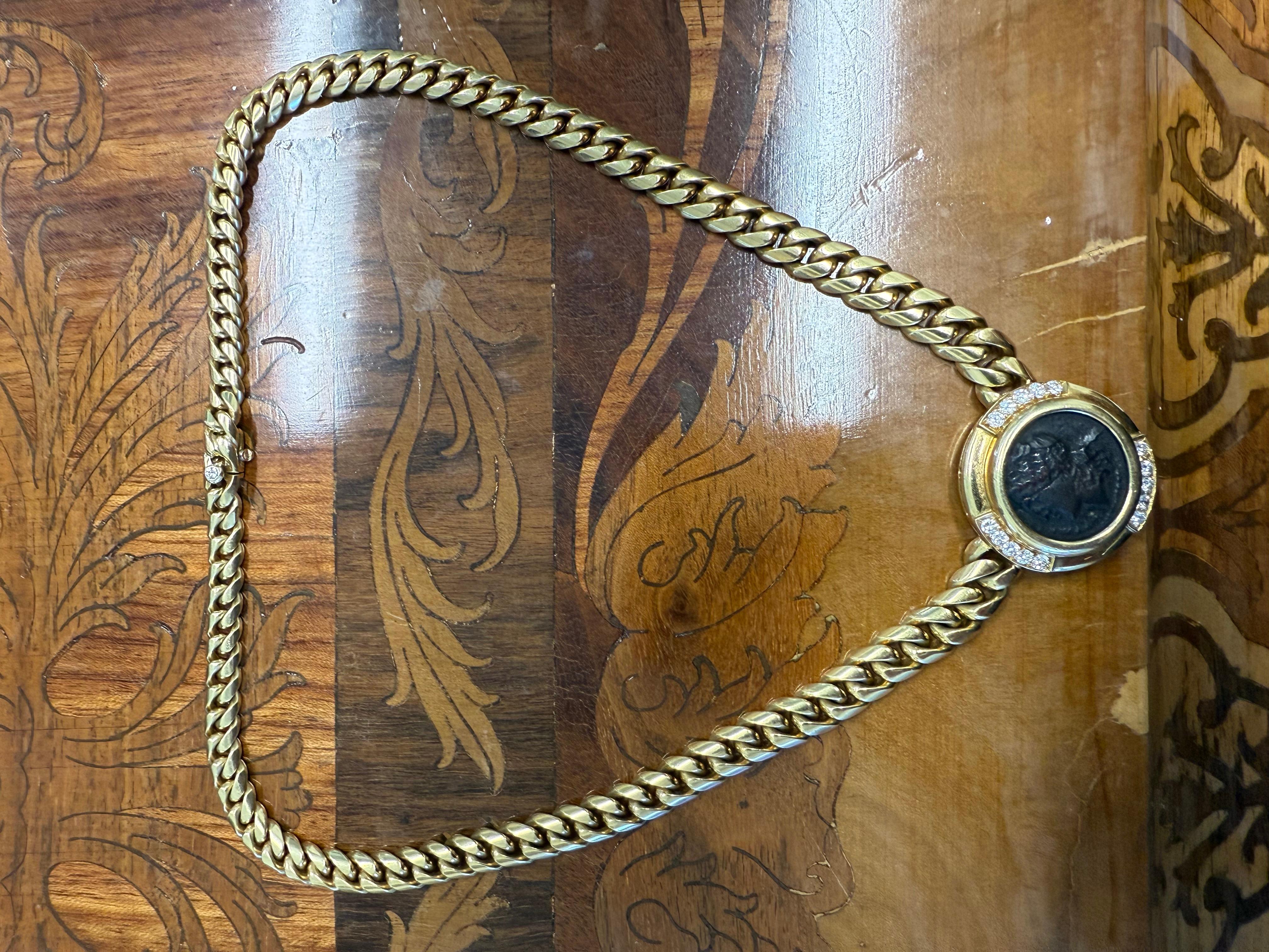 BVLGARI ITALY 18k Yellow Gold, Diamond & Ancient Roman Monete Coin Necklace 1980 For Sale 4
