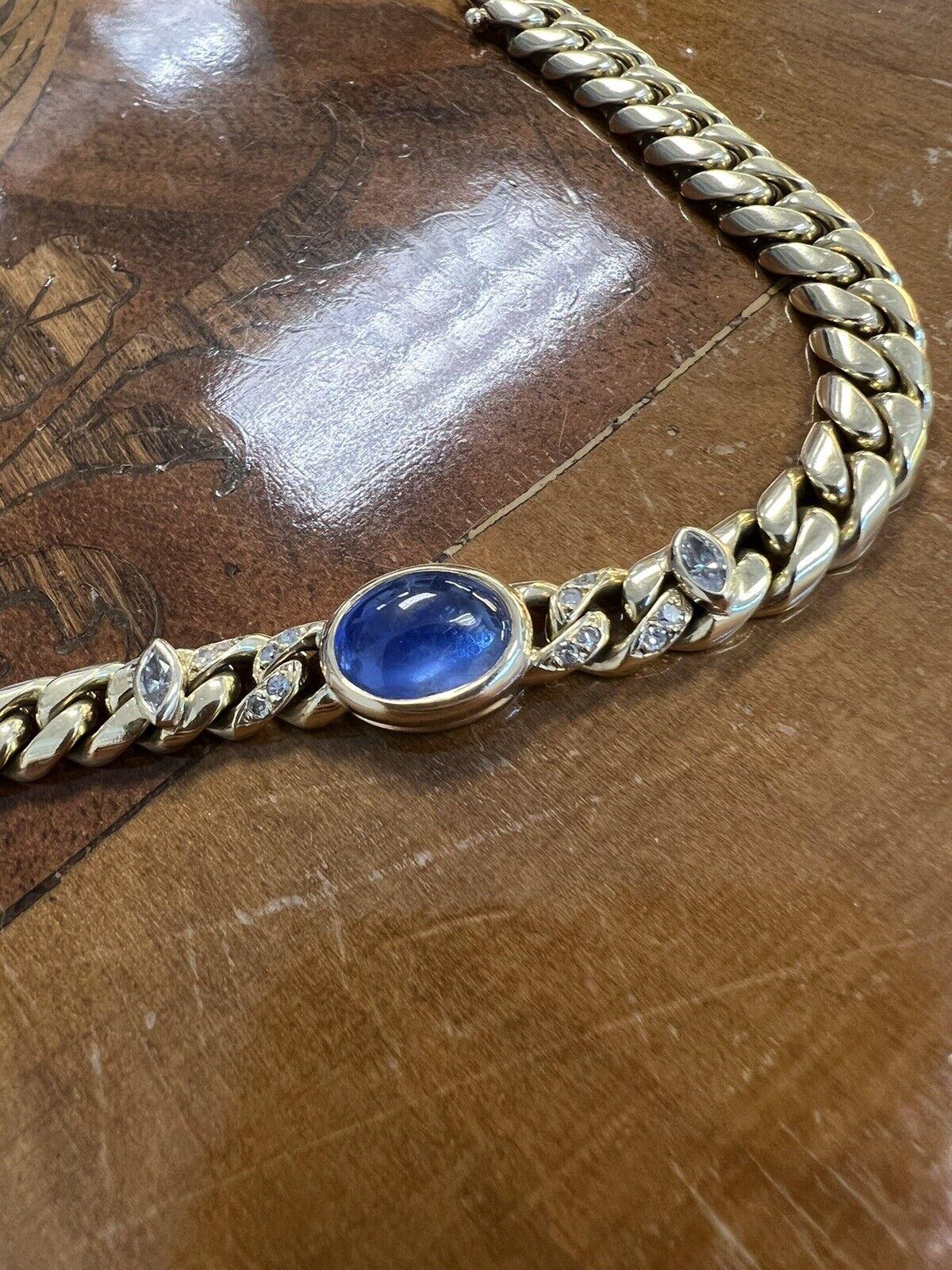 Bvlgari Italy 18k Yellow Gold, Diamond & Cabochon Sapphire Curb Link Bracelet 2