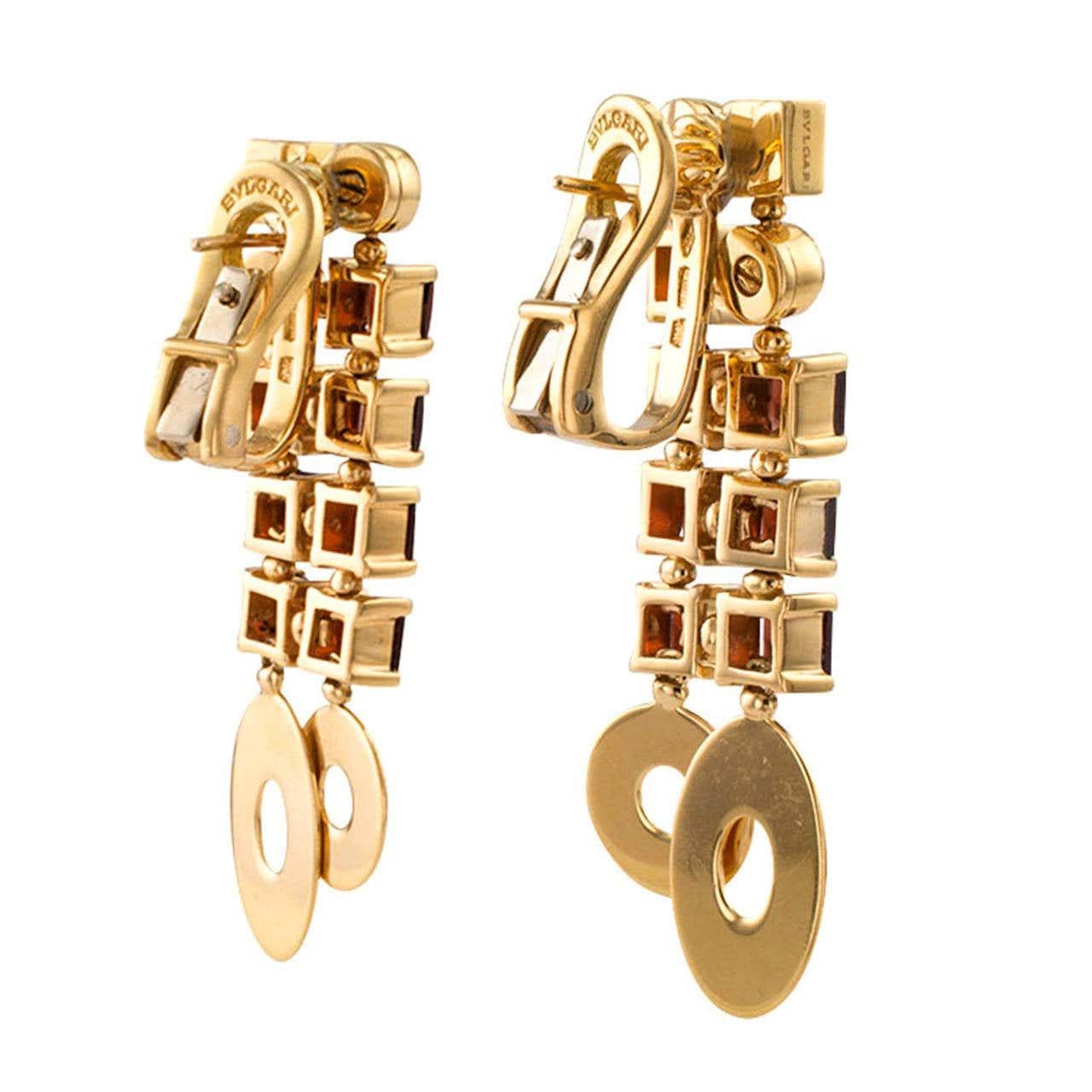 Round Cut BVLGARI ITALY 18k Yellow Gold, Diamond & Garnet Lucea Drop Earrings Modern
