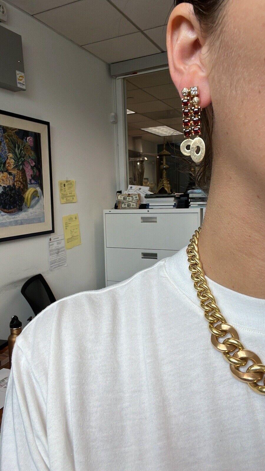 BVLGARI ITALY 18k Yellow Gold, Diamond & Garnet Lucea Drop Earrings Modern In Excellent Condition In Beverly Hills, CA