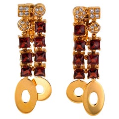 BVLGARI ITALY 18k Yellow Gold, Diamond & Garnet Lucea Drop Earrings Modern