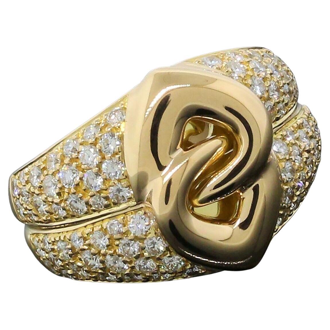 Bvlgari Italy 18k Yellow Gold & Diamond Interlocking Heart Ring W/Box Vintage