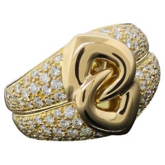 Bvlgari Italy 18k Yellow Gold & Diamond Interlocking Heart Ring W/Box Vintage