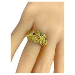 BVLGARI ITALY 18k Yellow Gold & Diamond Leaf Motif Cocktail Ring 1960s Vintage