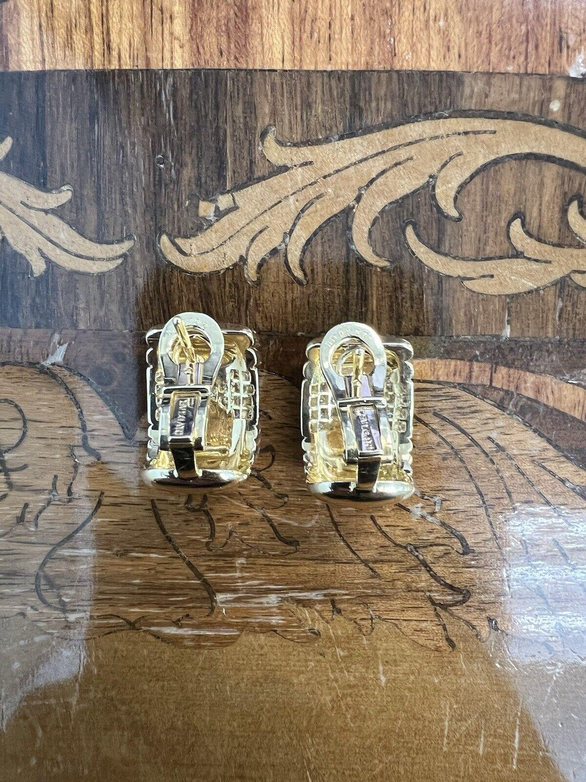 Round Cut BVLGARI ITALY 18k Yellow Gold & Diamond Parentesi Earrings 1980s Vintage