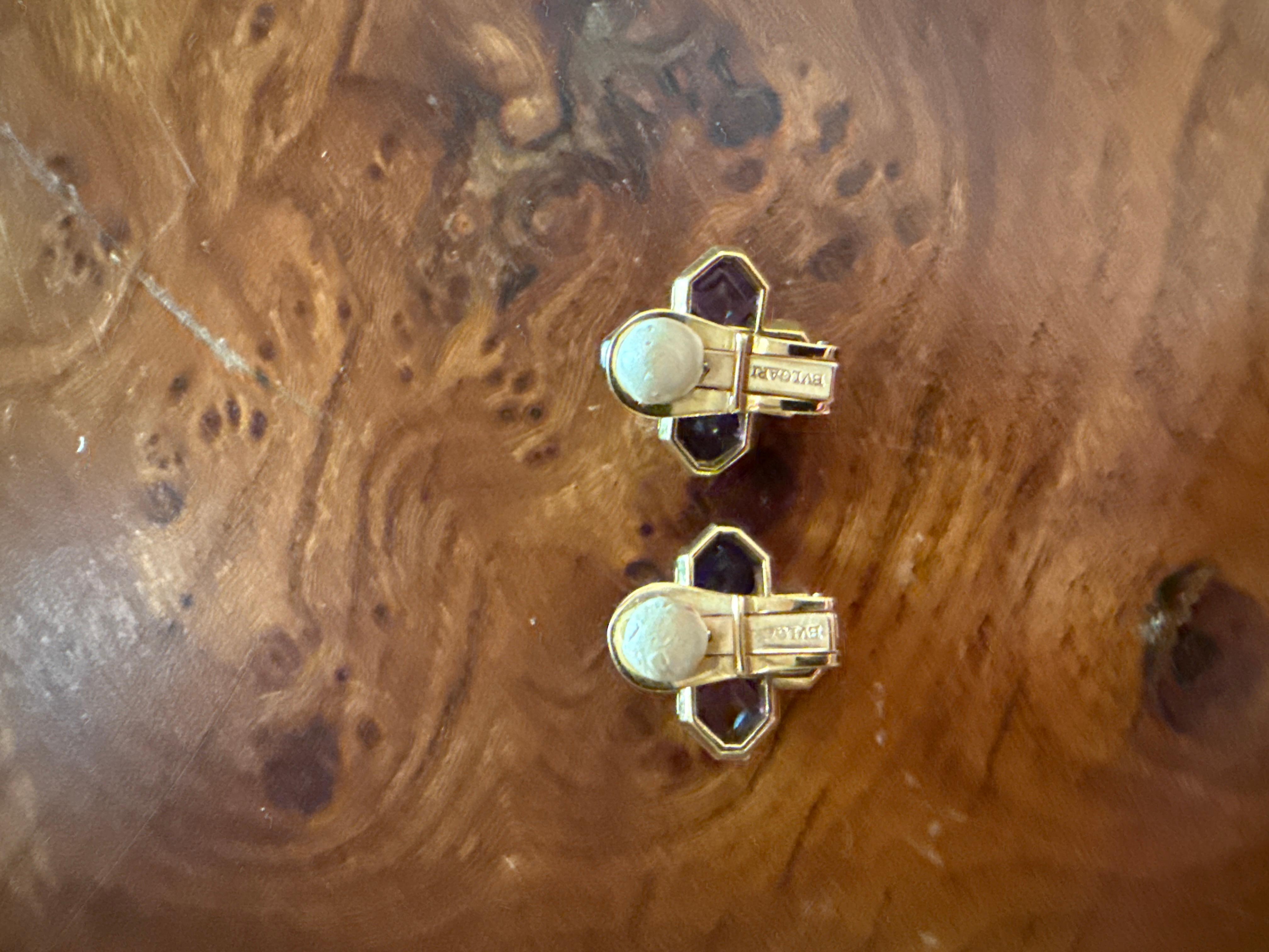 Square Cut BVLGARI ITALY 18k Yellow Gold, Diamond, Tourmaline & Amethyst Earrings 1970s